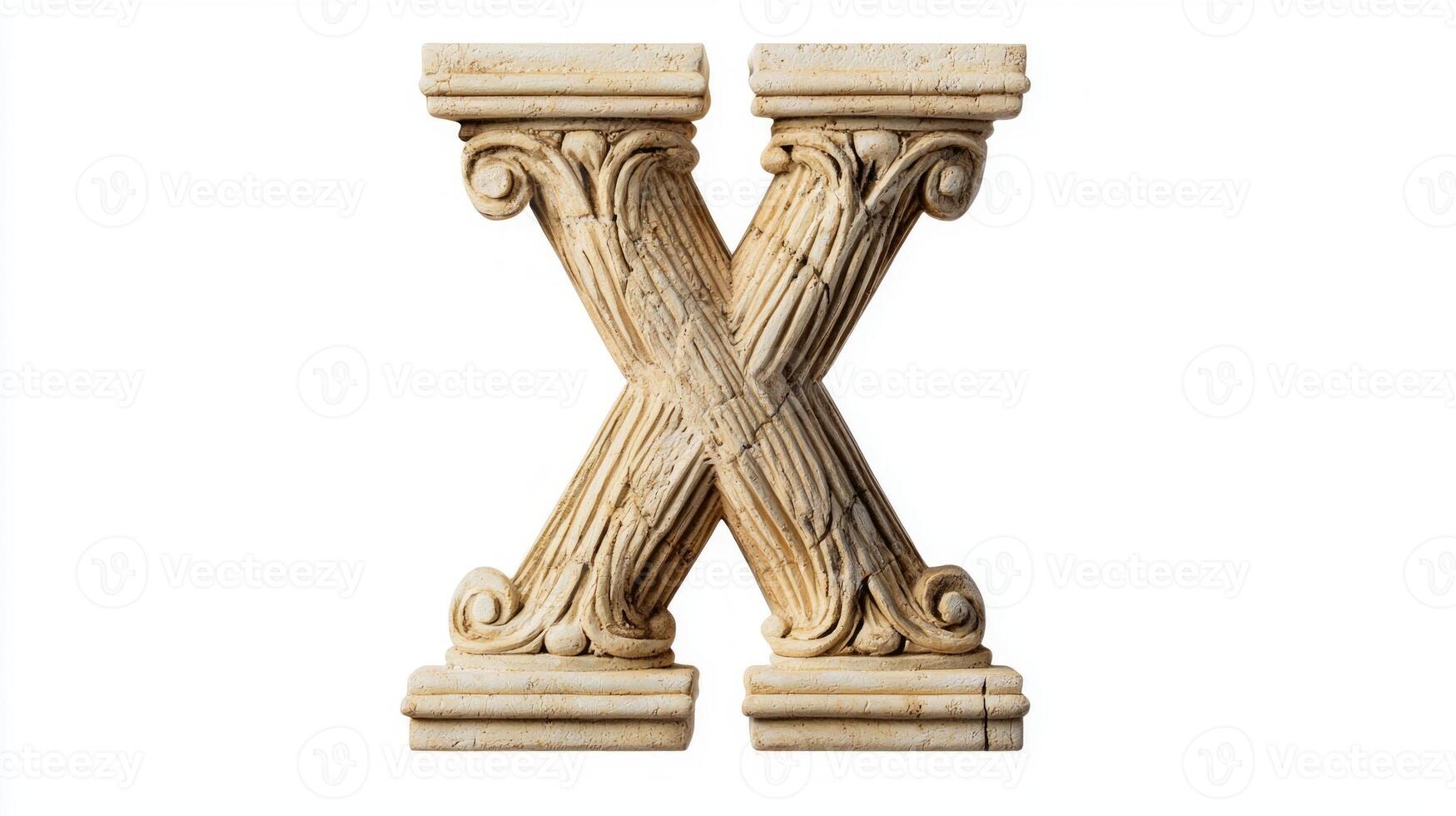 letter X stands prominently, intricately designed with antique column texture, creating a unique visual effect against an unblemished white backdrop. photo