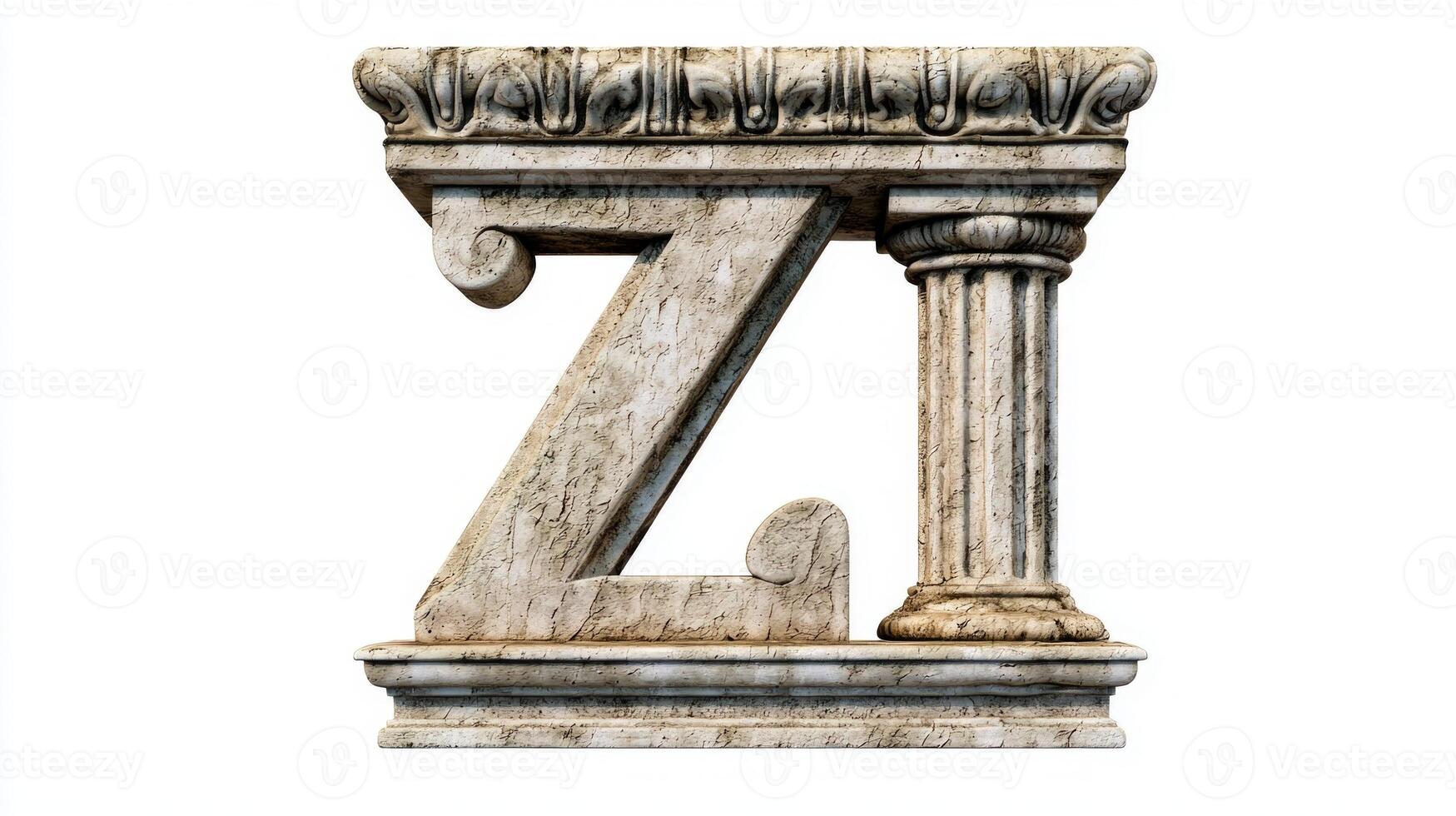 intricately designed Letter Z featuring an antique column texture stands out vibrantly against a pure white background, highlighting its artistic charm and historical elegance. photo