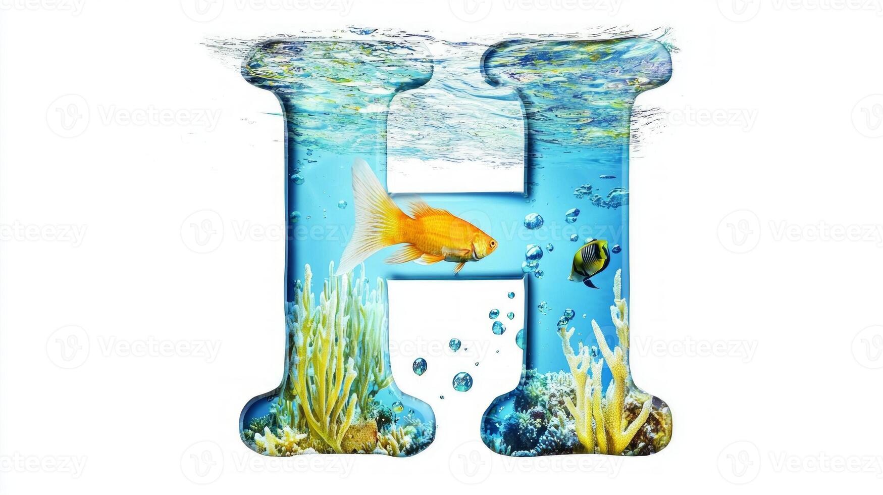 artistic letter H showcases a transparent glass design filled with colorful fish and aquatic plants creating a captivating underwater scene that evokes tranquility. photo