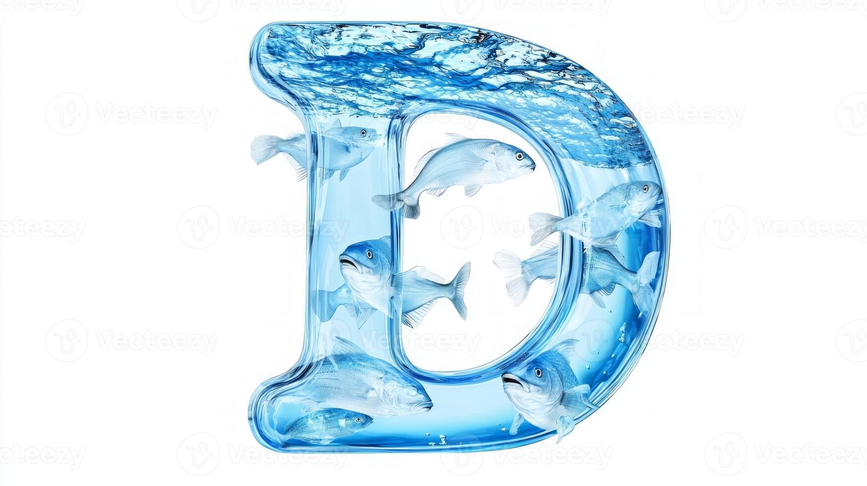 captivating letter D showcases a clear glass design filled with vibrant water and lively fish, creating a stunning visual effect against a pristine white backdrop. photo