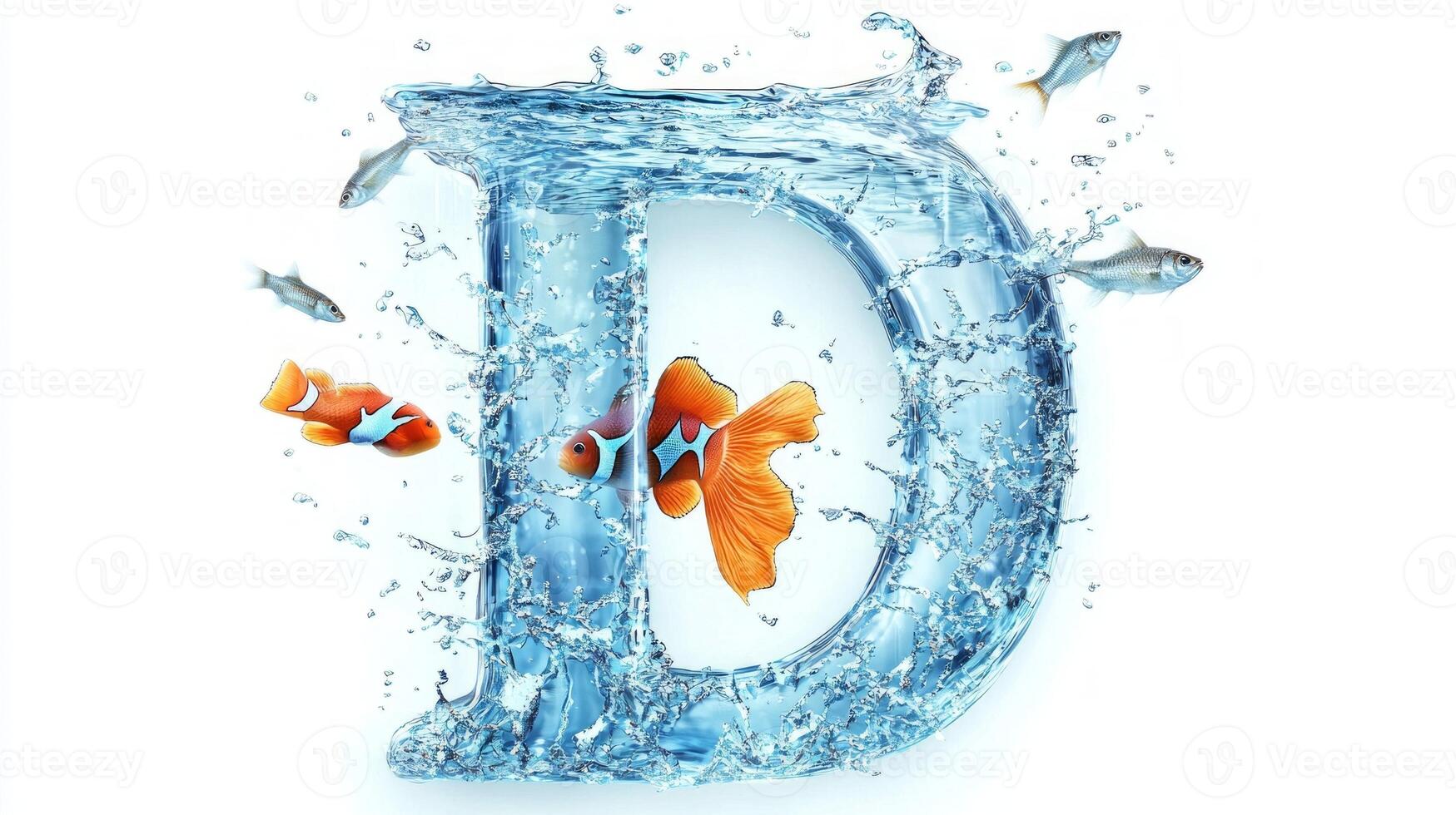 Floating in a crystalline environment, the letter D captures aquatic life, filled with clear water and colorful fish, creating a delightful and imaginative display. photo