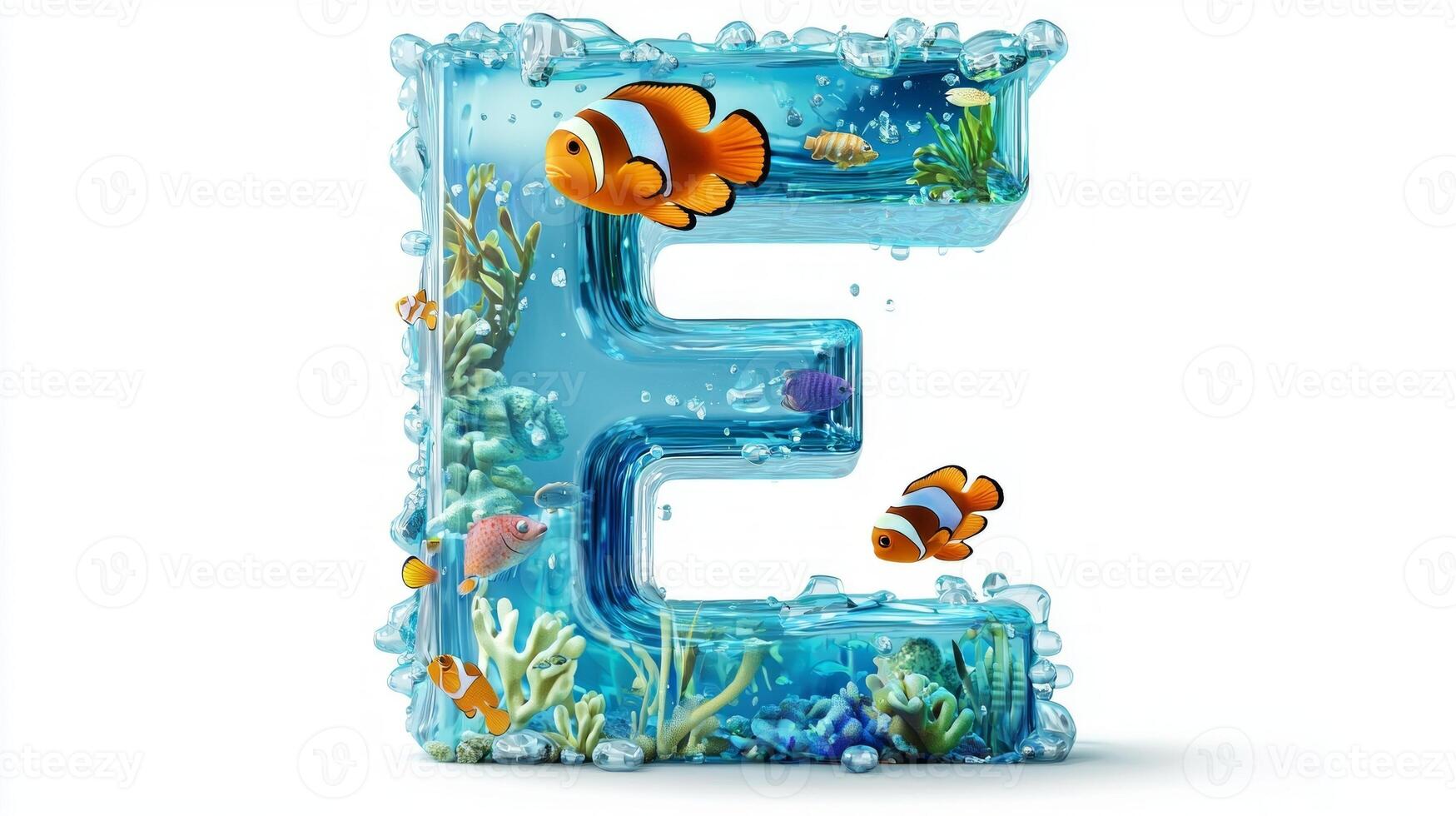 letter E showcases a delightful glass texture, brimming with colorful fish and underwater flora, creating a whimsical aquatic experience against a bright white background. photo
