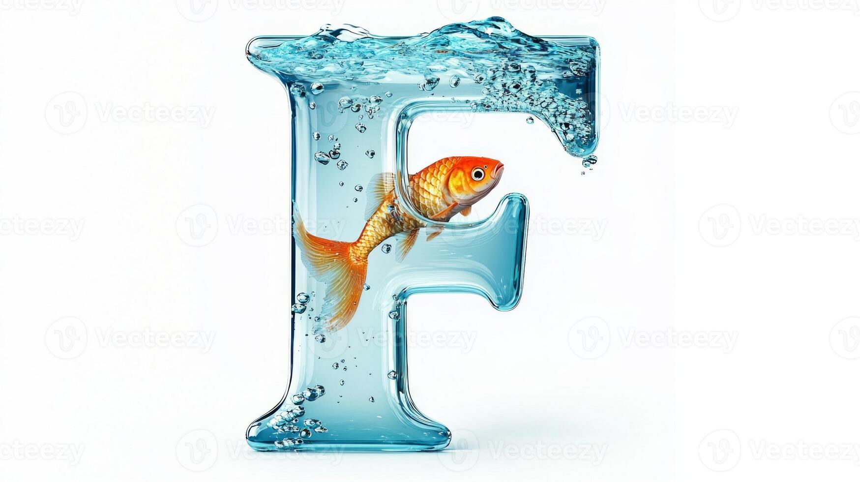 artistic representation features a glass letter F, intricately designed with water and vibrant fish inside, floating gracefully against a clean white backdrop. photo