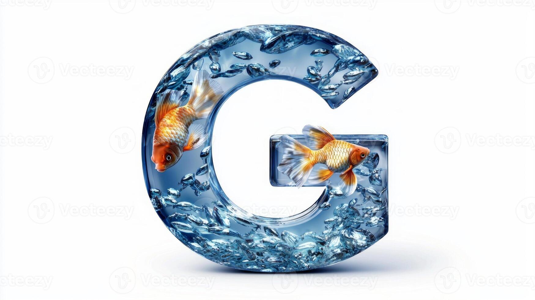 letter G is artistically designed from transparent glass, containing water and vibrant fish that swim gracefully within its boundaries, set against a clean white backdrop. photo