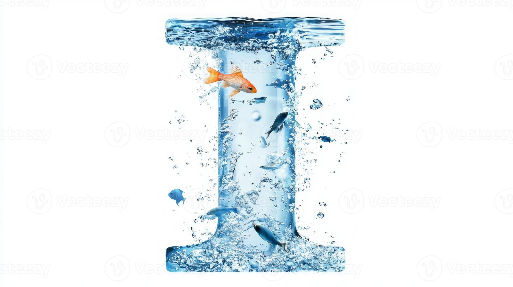 letter I crafted from glass showcases a vibrant underwater scene with fish swimming amidst bubbles, all set against a clean white background. photo