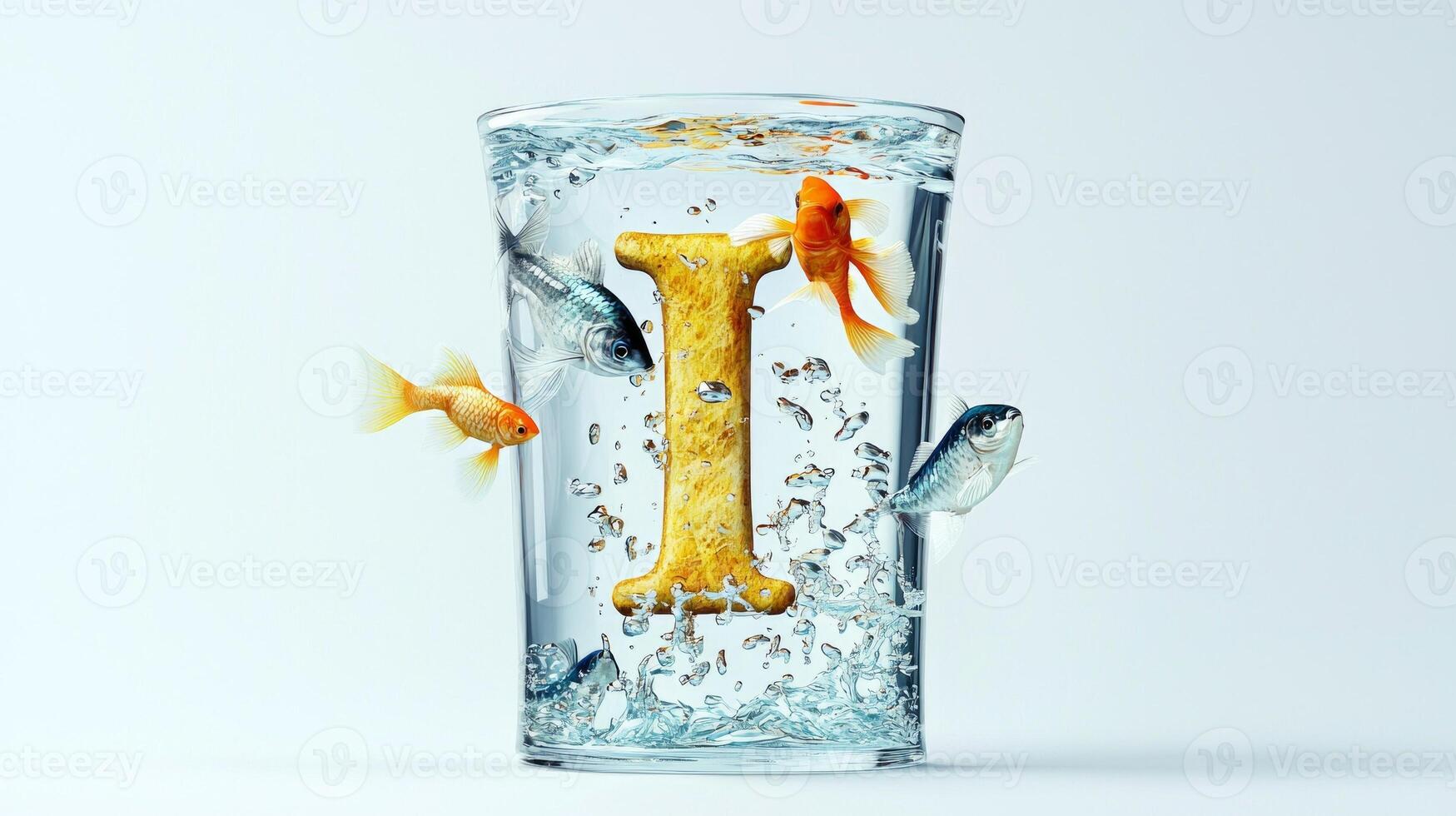 Floating in a clear glass structure, the letter I holds vibrant fish and sparkling water, creating a whimsical aquatic display that inspires creativity and imagination. photo