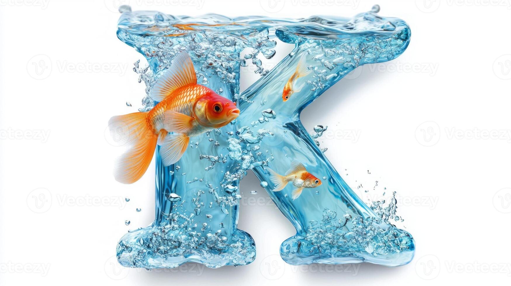 striking representation of the letter K immerses viewers in a glass aquarium filled with lively fish and splashing water, set against a clean, white backdrop. photo