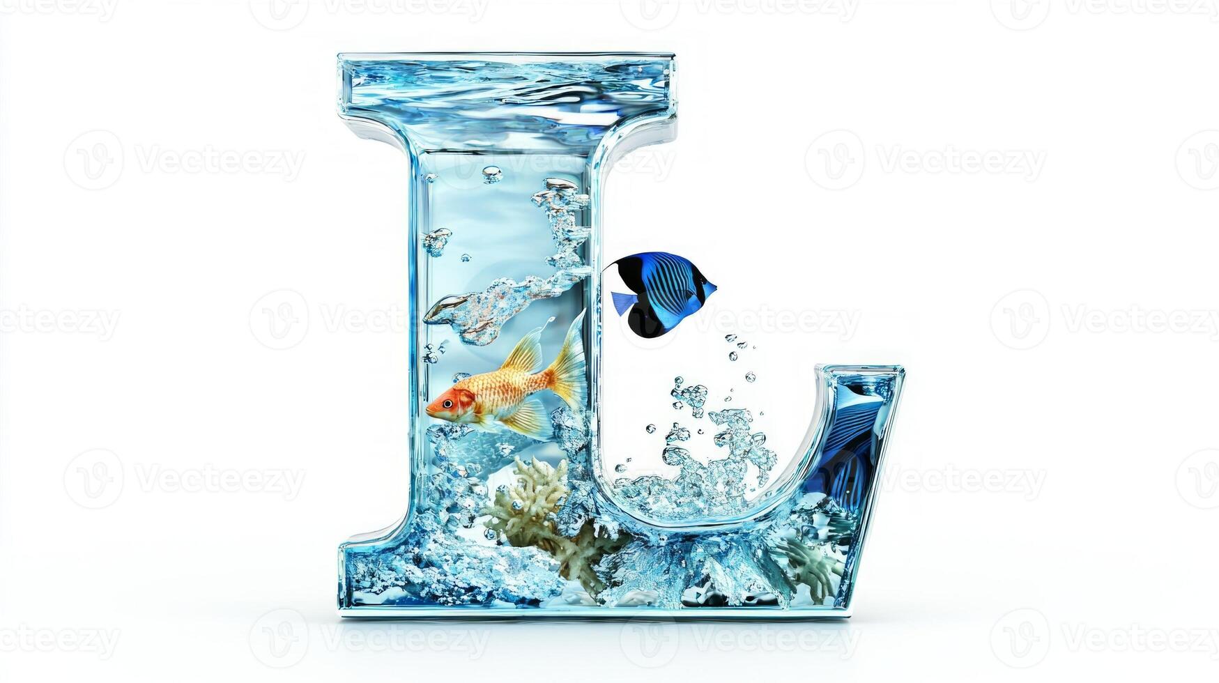 letter L, crafted from transparent glass, showcases colorful fish swimming in clear water, creating a stunning aquarium effect against a pure white backdrop. photo