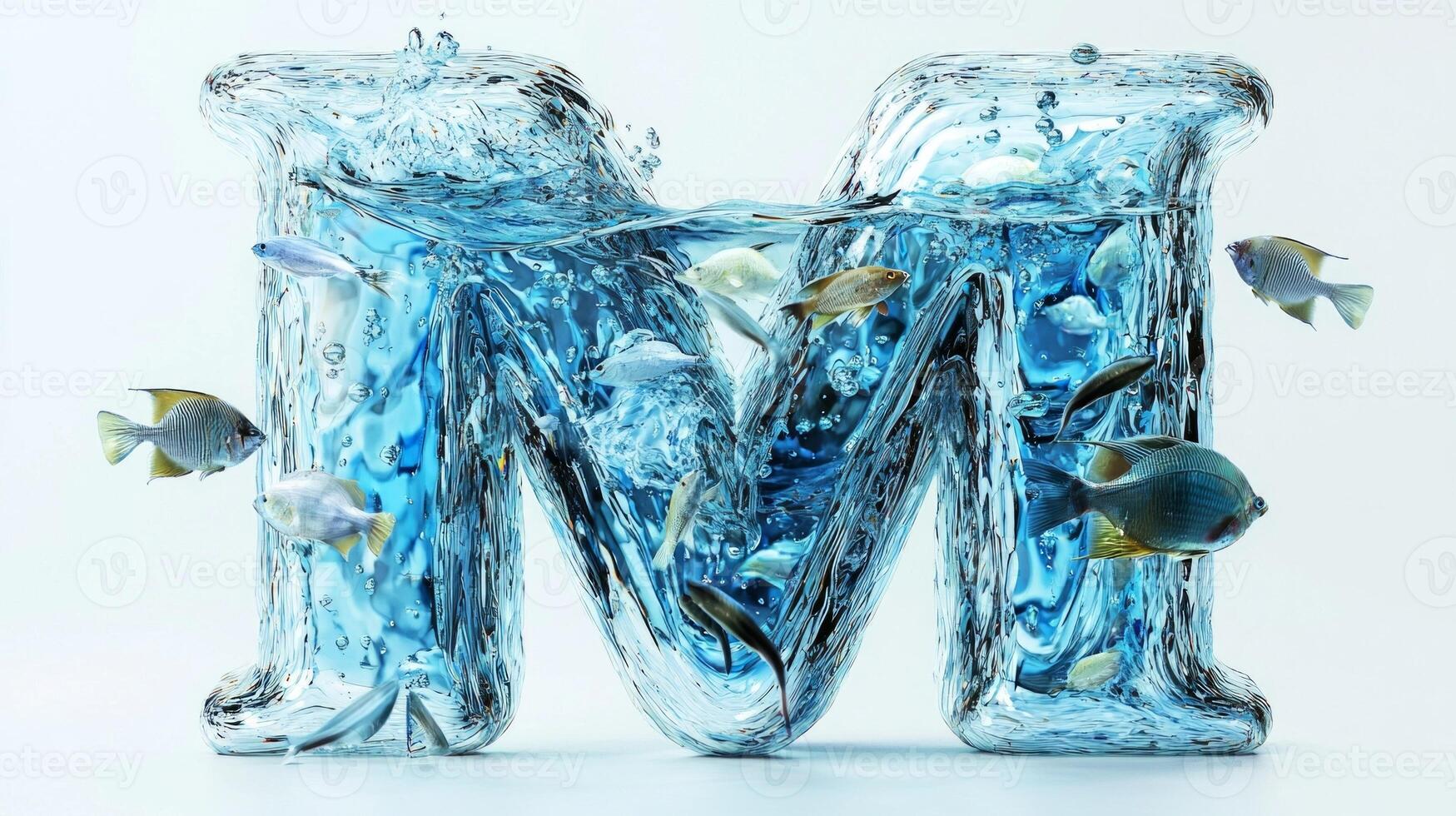 stunning letter M features a glass texture that immerses in water, showcasing whimsical fish swimming within. This artistic representation captures the essence of marine life beautifully. photo