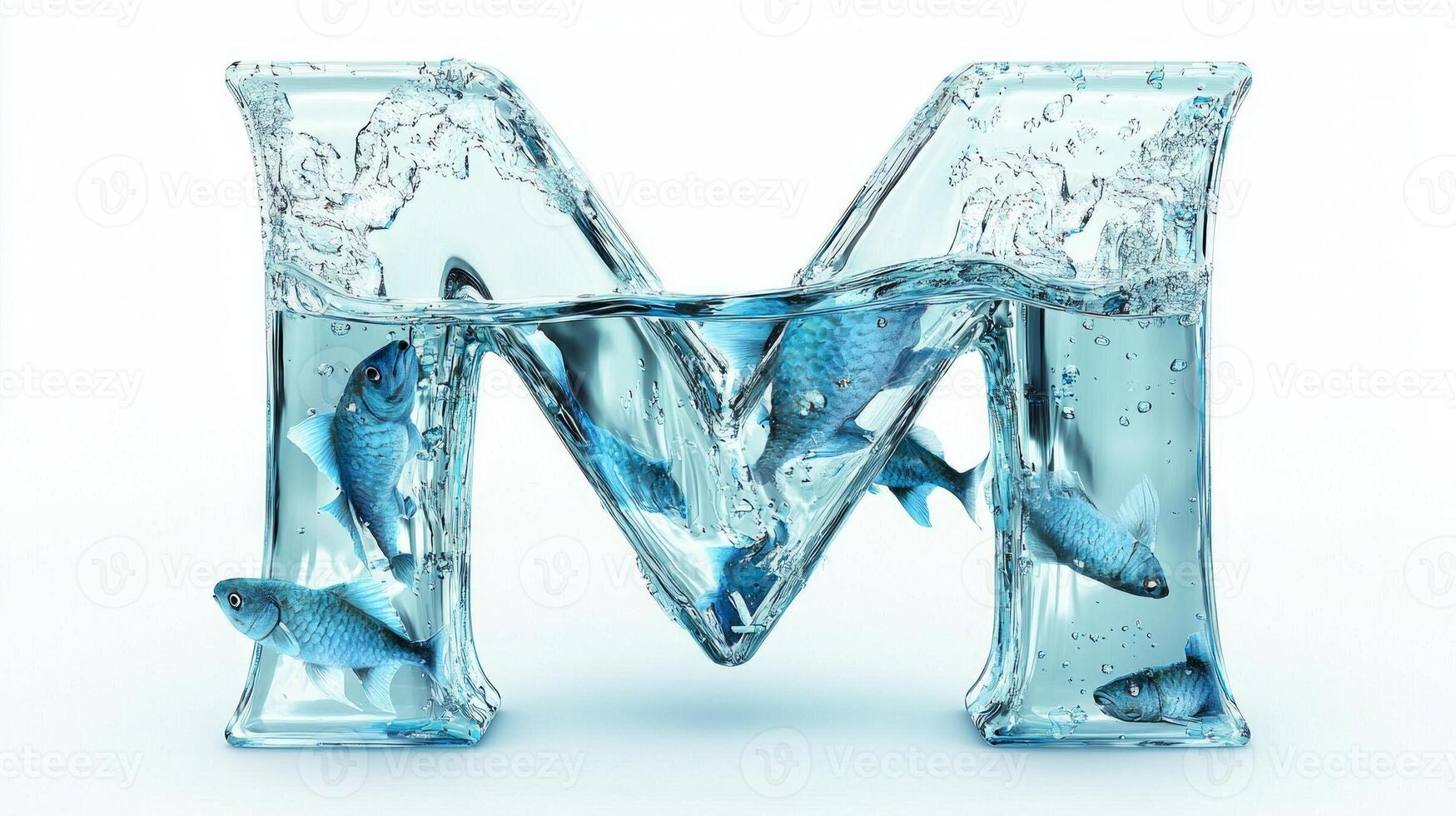 beautifully crafted letter M showcases a clear glass design, holding water and vibrant fish. This artistic representation combines creativity with a unique aquarium theme against a white backdrop. photo