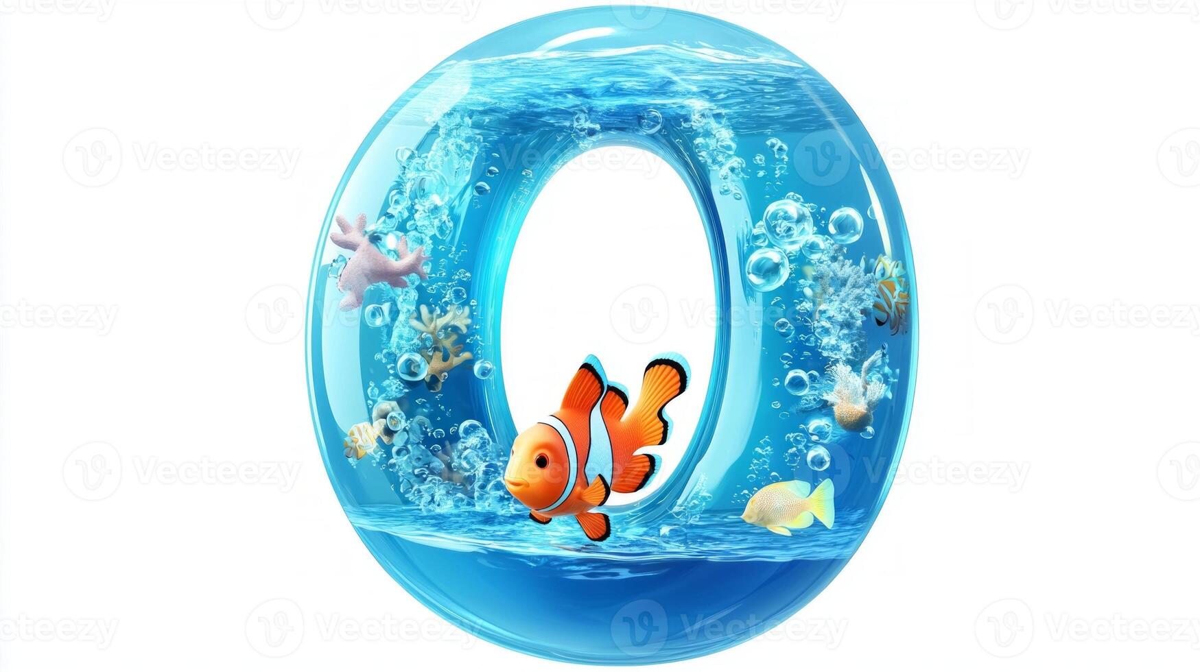 playful letter O is crafted in a glass-like texture, filled with water and lively fish. The cartoon style brings a joyful charm, perfect for creative projects or educational use. photo