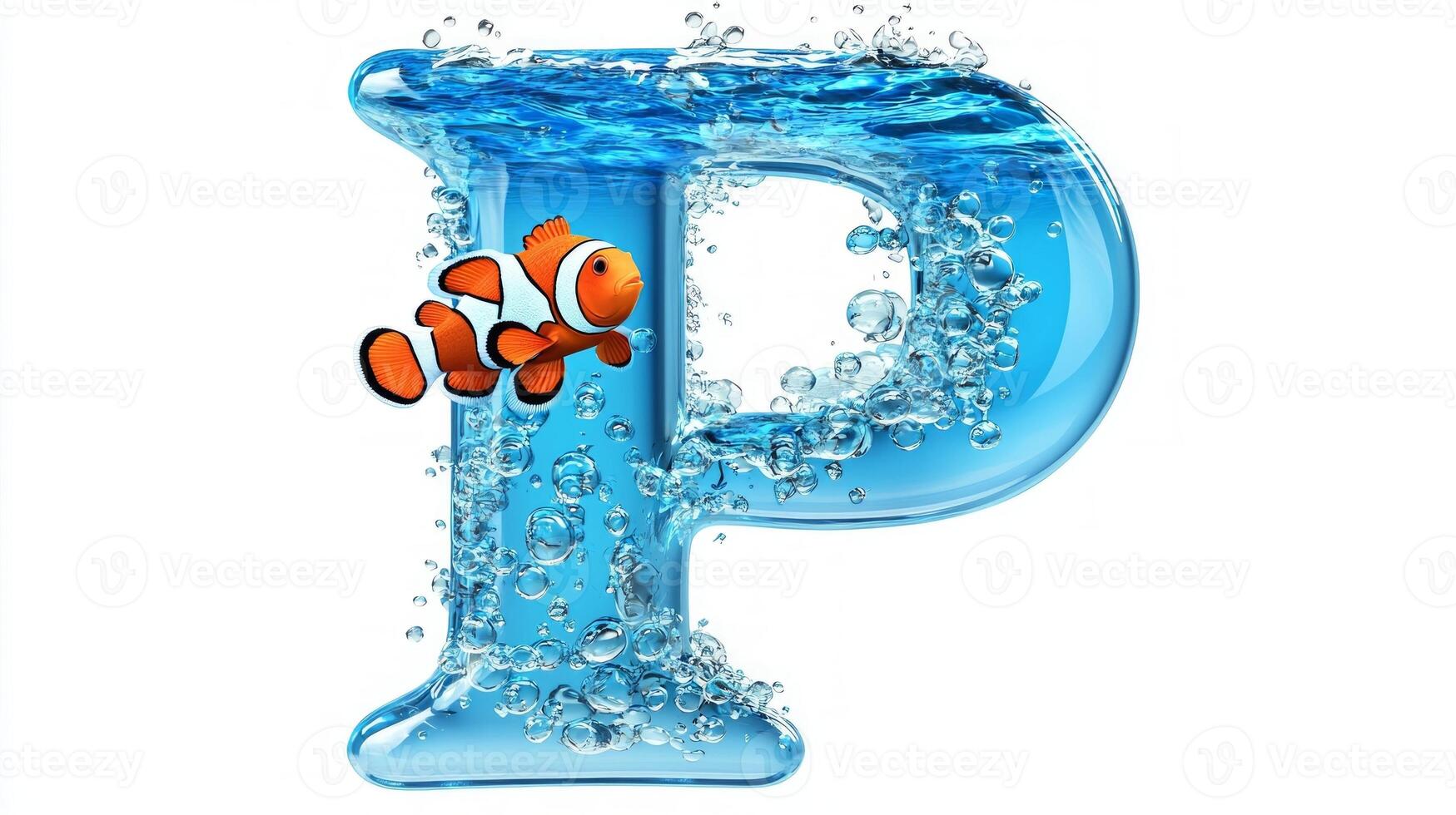 vibrant letter P crafted from glass, filled with clear water and playful fish. This artistic piece captures the essence of underwater life in a fun and imaginative way. photo