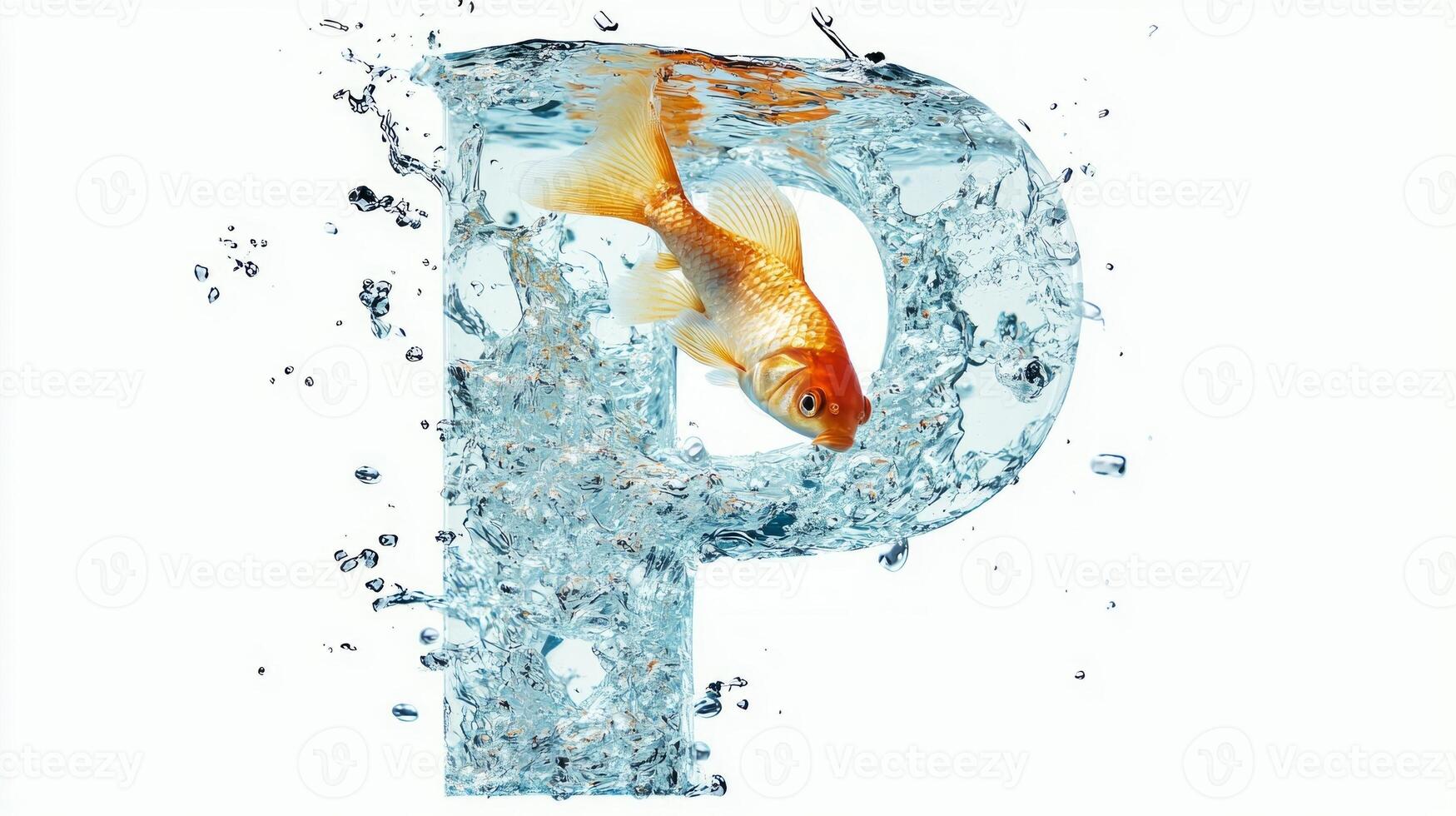 striking letter P features a stunning glass texture filled with sparkling water and a lively goldfish, creating an aquatic-themed artistic representation perfect for decor. photo