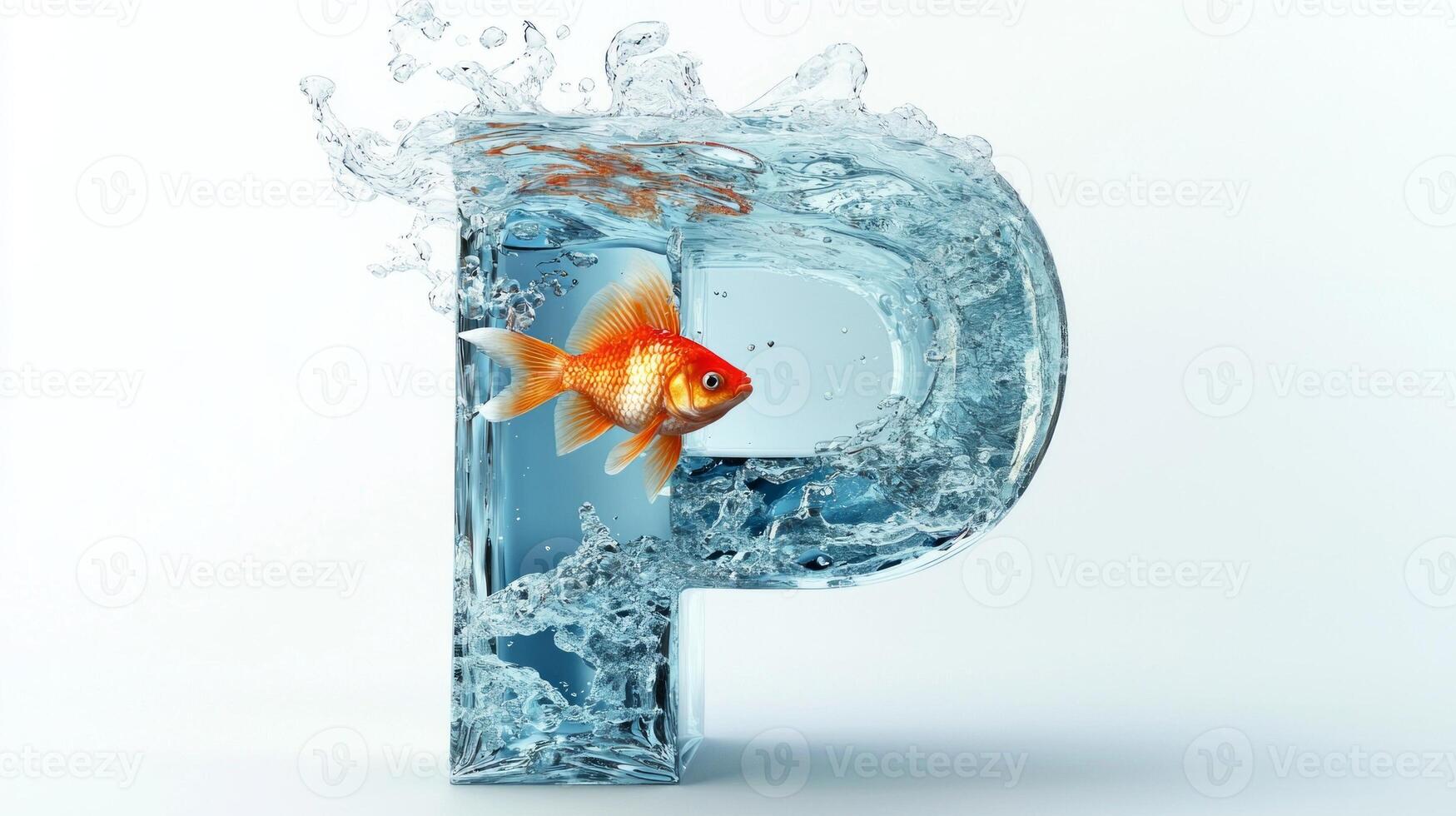 letter P floats in a glass structure filled with water, where a lively goldfish swims among bubbling splashes, creating a dynamic and artistic aquarium scene. photo