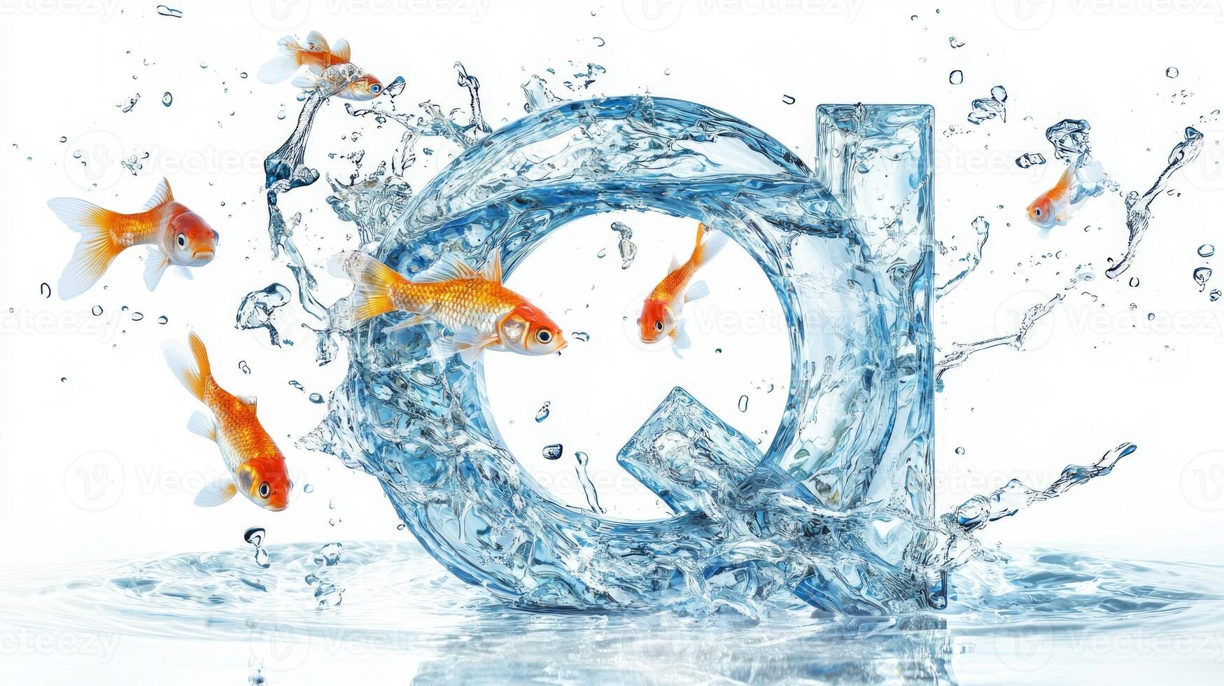 stunning representation of the letter Q features a glass structure filled with water and lively fish, creating an enchanting aquatic atmosphere amidst a bright white background. photo