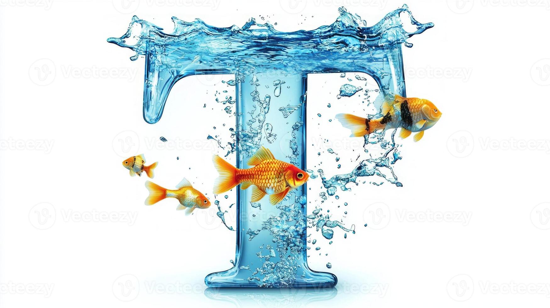 letter T is crafted from transparent glass, filled with lively water and colorful fish swimming around, showcasing an imaginative blend of art and nature against a white backdrop. photo