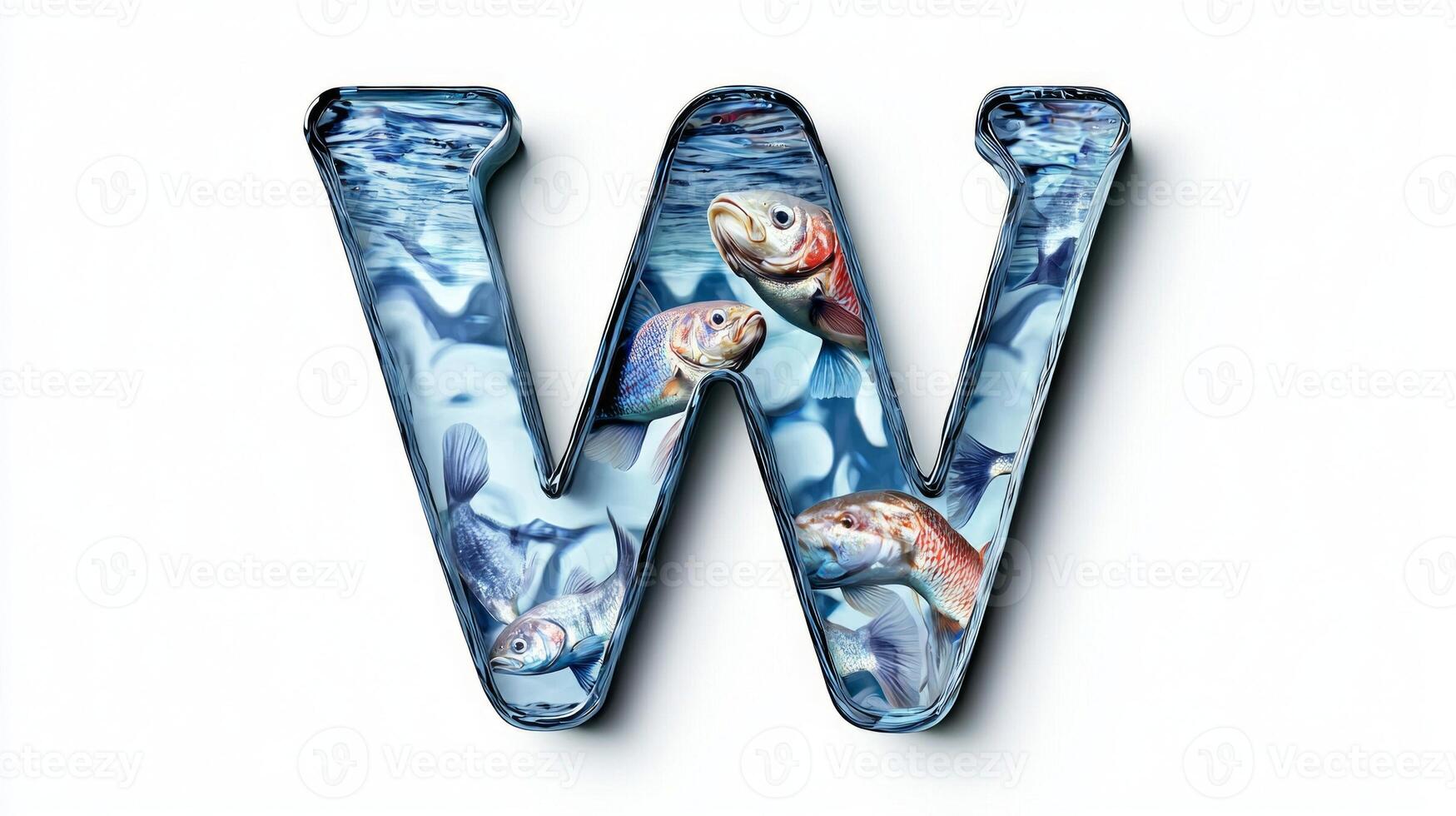 artistic letter W showcases a glass texture filled with water and vibrant fish, beautifully capturing the essence of an aquarium in a unique design. photo