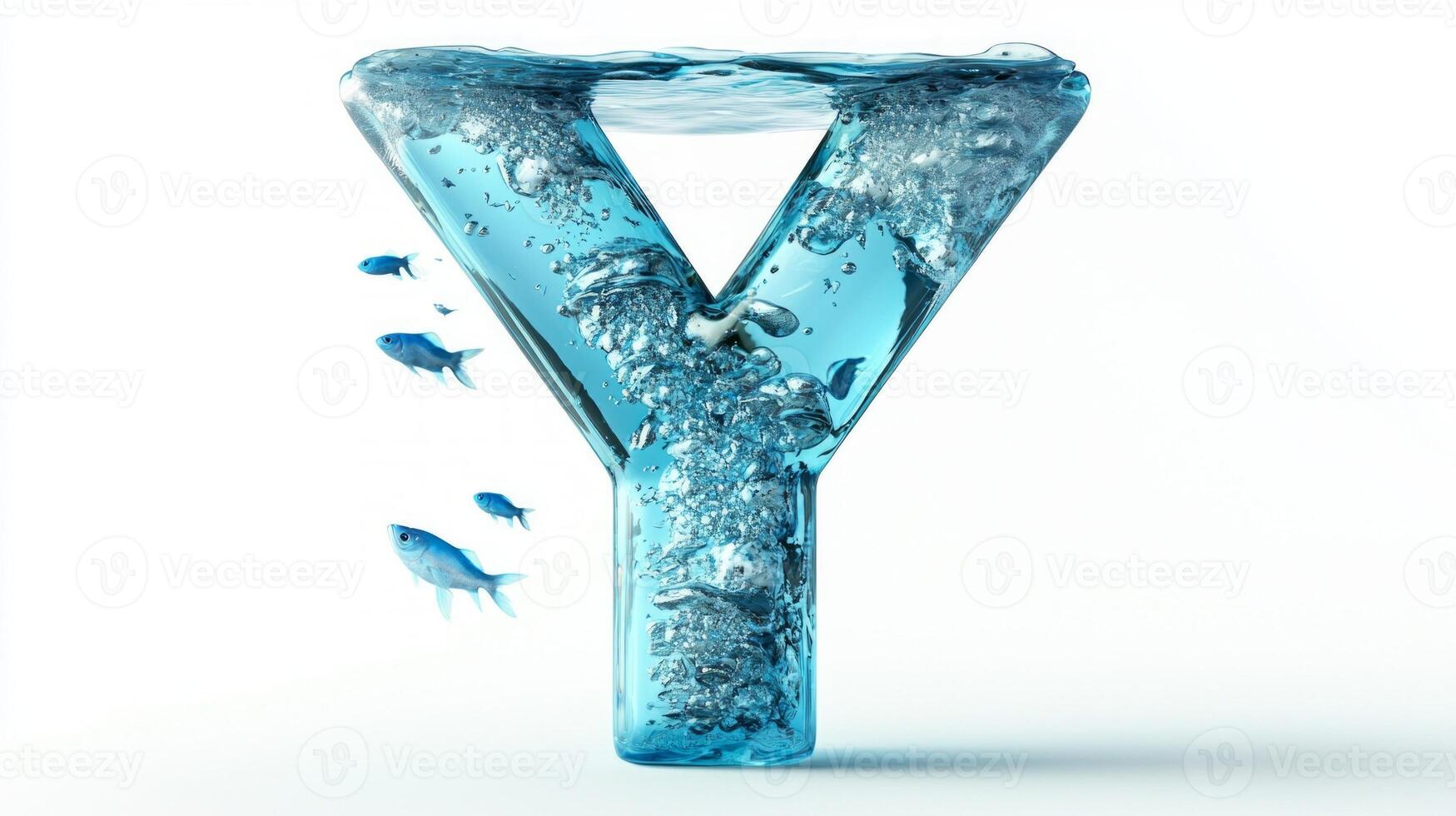 breathtaking glass letter Y showcases vibrant fish swimming in crystal-clear water, creating a striking visual that emphasizes creativity and elegance in design. photo