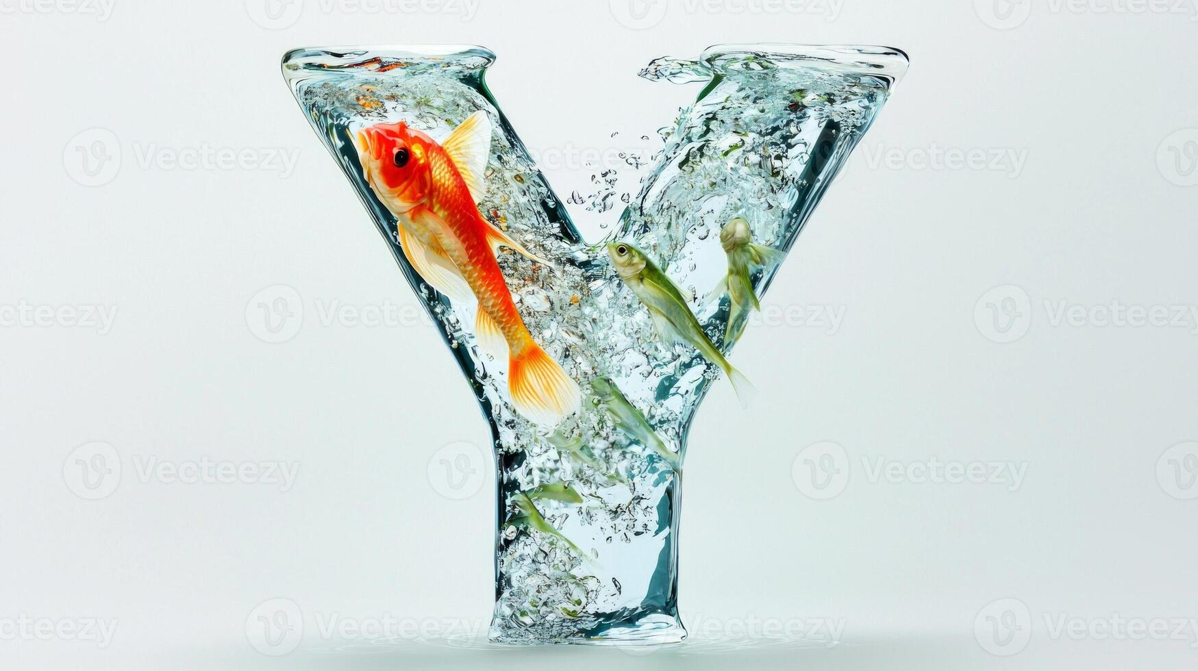 stunning glass letter Y reveals a vibrant underwater scene, complete with lively fish swimming through clear water, creating an artistic aquatic display. photo