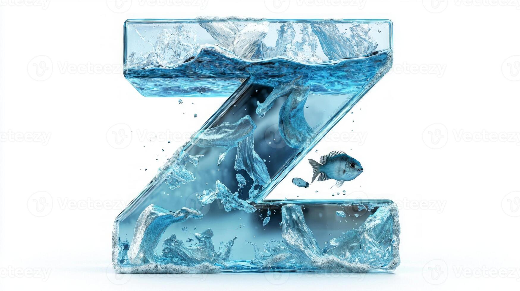 striking letter Z features a glass texture filled with water and small fish, creating an enchanting aquatic display against a pristine white backdrop, perfect for artistic projects. photo