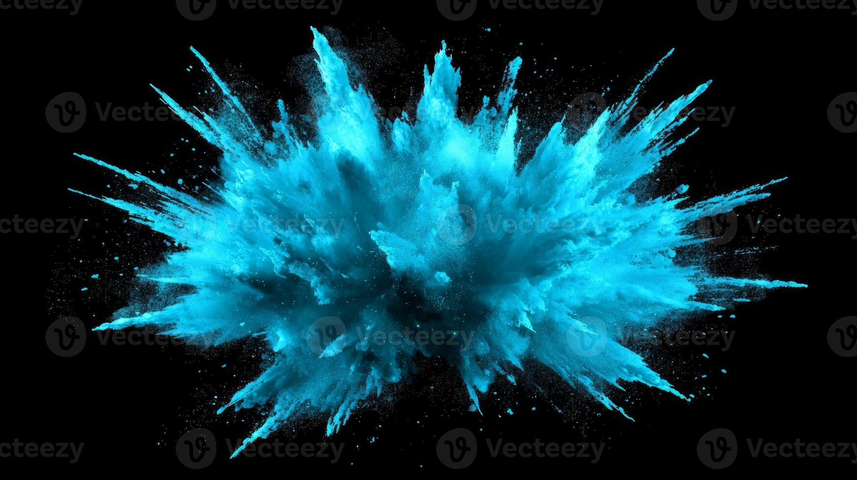 Turquoise particles explode dynamically, radiating with intensity on a black background, creating an otherworldly display of glowing energy that captivates the senses. photo