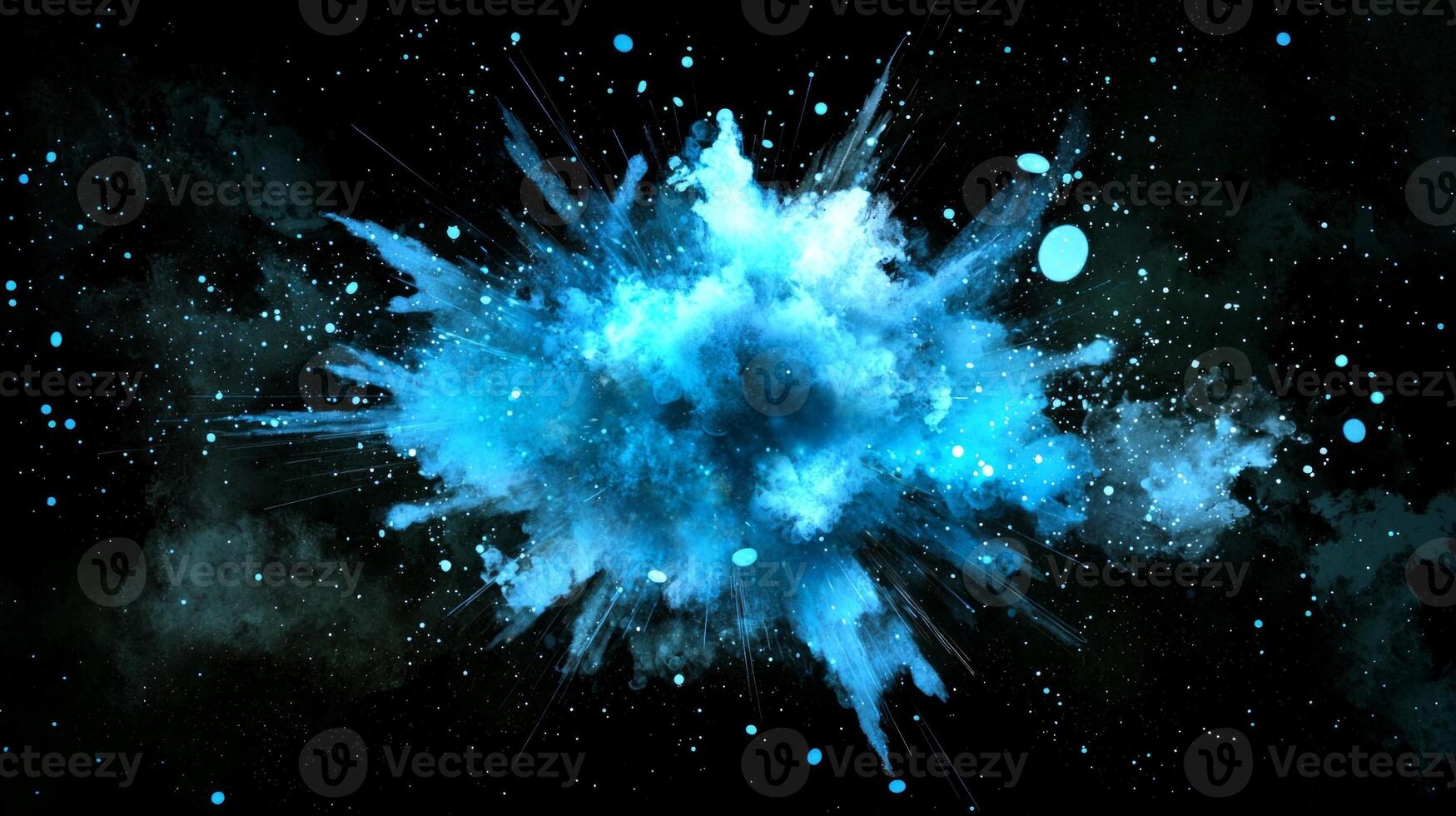 An explosion of turquoise particles unfolds, radiating vibrant energy in all directions, creating a mesmerizing cosmic effect against the darkness. photo