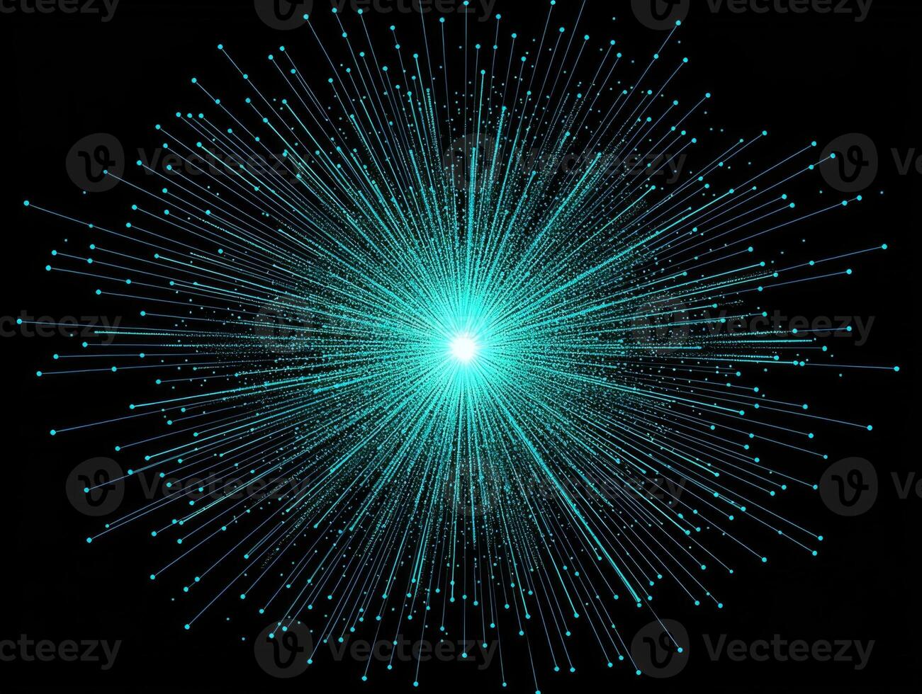 A mesmerizing turquoise explosion of luminous particles emerges from the center, radiating outward within the contrasting black space, evoking a sensation of energetic movement and depth. photo