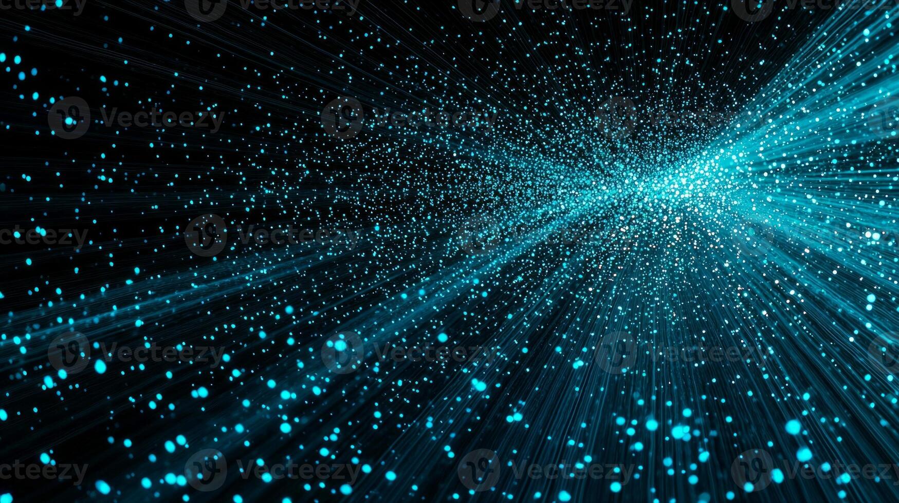 An explosion of vibrant turquoise particles bursts outward against a deep black background, radiating energy in a captivating cosmic display. The particles disperse dynamically, creating movement. photo