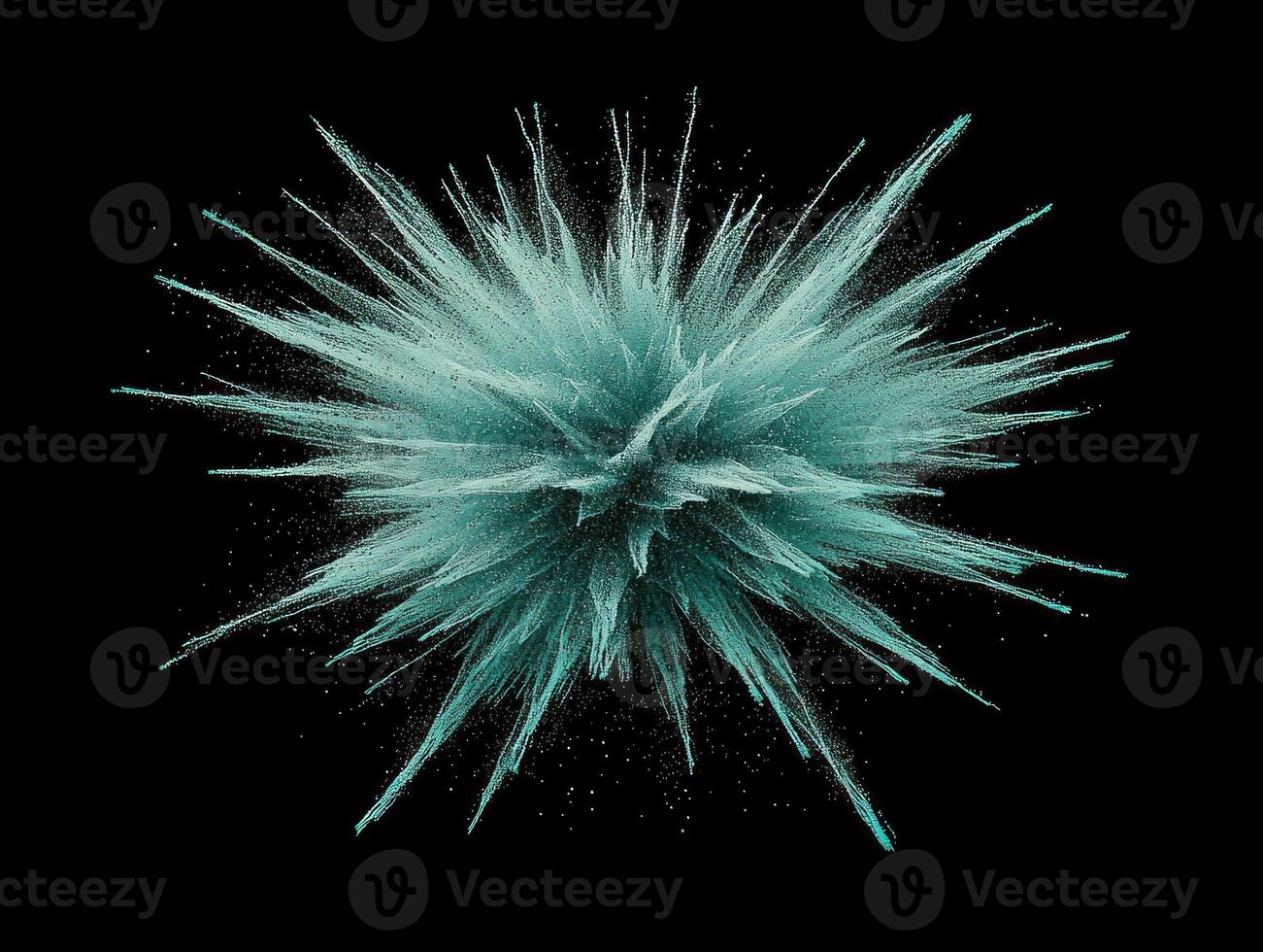 Dynamic turquoise particles explode outward, creating a mesmerizing effect. This captivating burst of energy embodies movement and vibrancy, set against a deep black background. photo