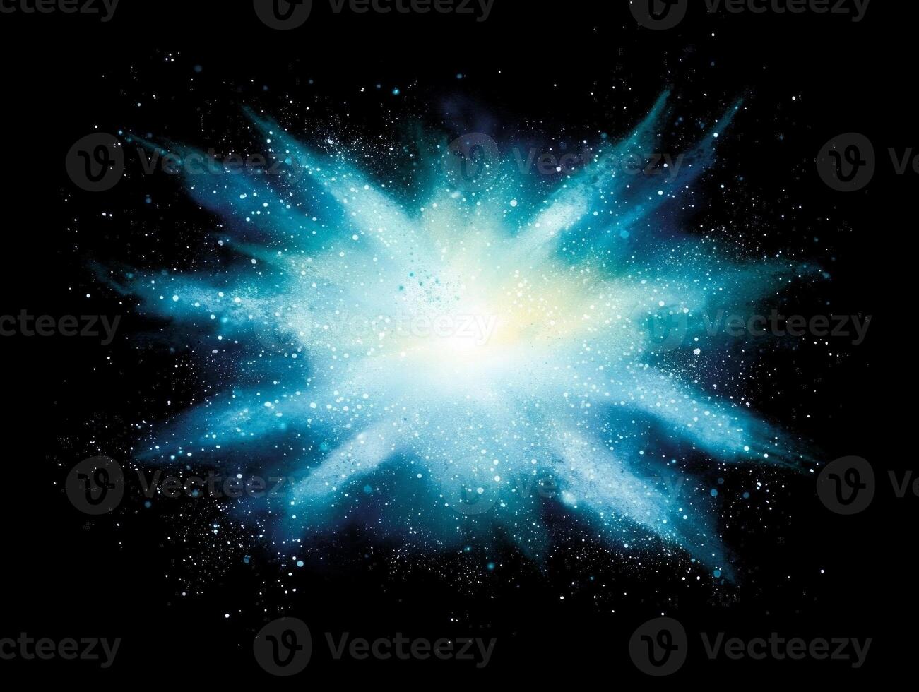A dazzling burst of turquoise particles explodes outward from the center, creating a vivid display of energy and movement against the dark backdrop, evoking a sense of wonder and dynamism. photo