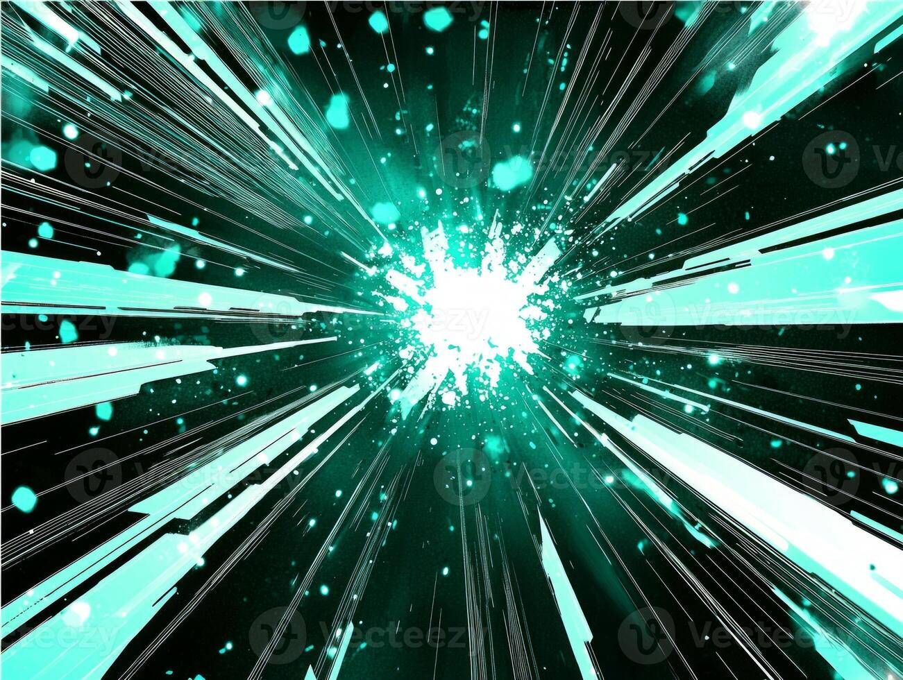 Bursting with energy, a stunning turquoise explosion of particles radiates outward, creating a breathtaking wave of light against a deep black backdrop, reminiscent of cosmic events. photo