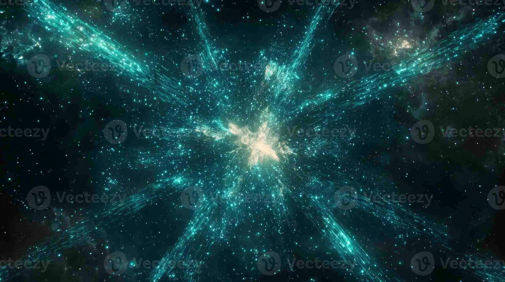 An eruption of turquoise particles ignites from the center, sending luminous trails spiraling outward in a mesmerizing display of cosmic energy and motion. photo