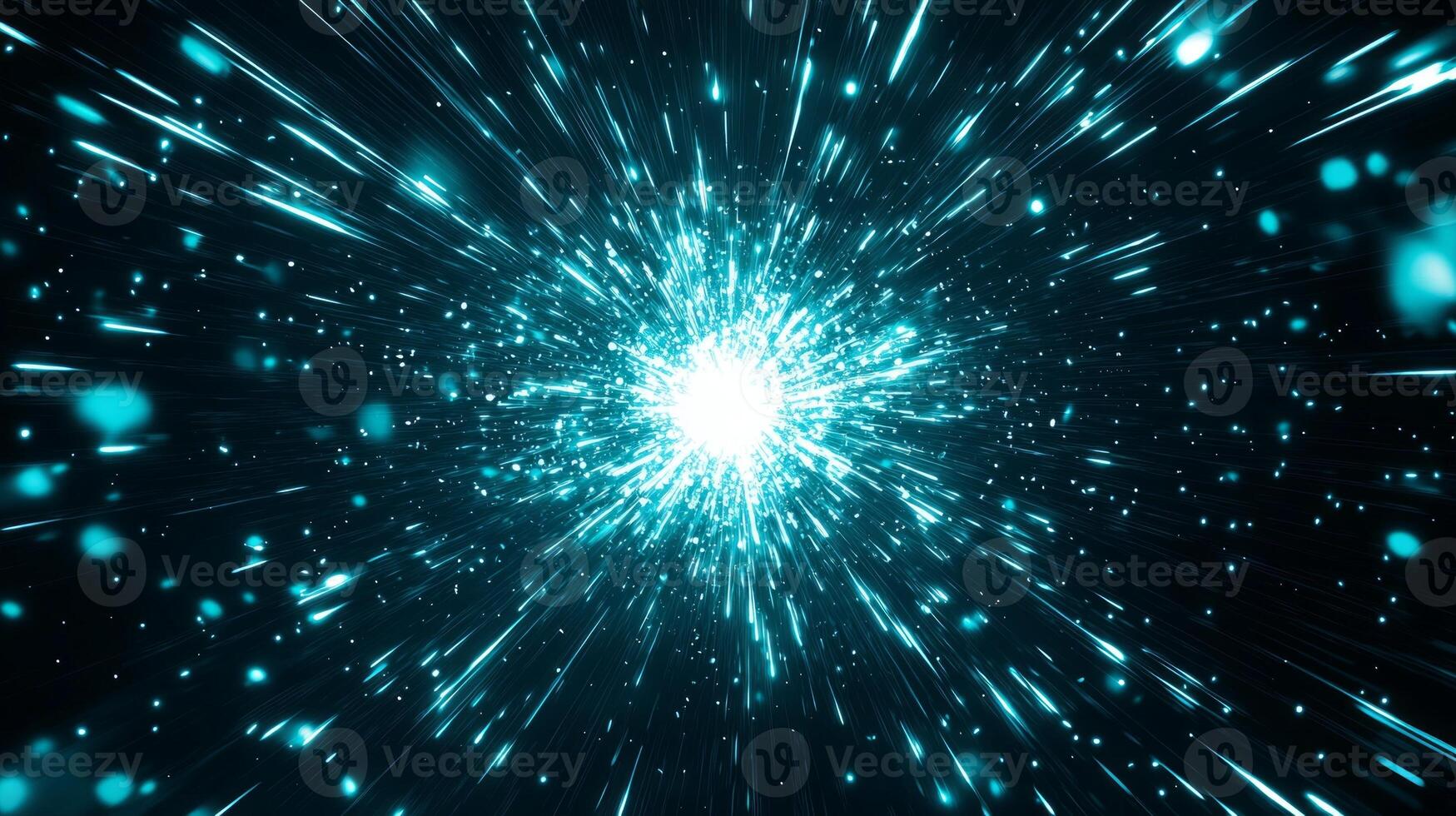 A stunning eruption of turquoise particles bursts forth from a central point, scattering radiant trails outward, embodying dynamic cosmic energy on a black canvas. photo