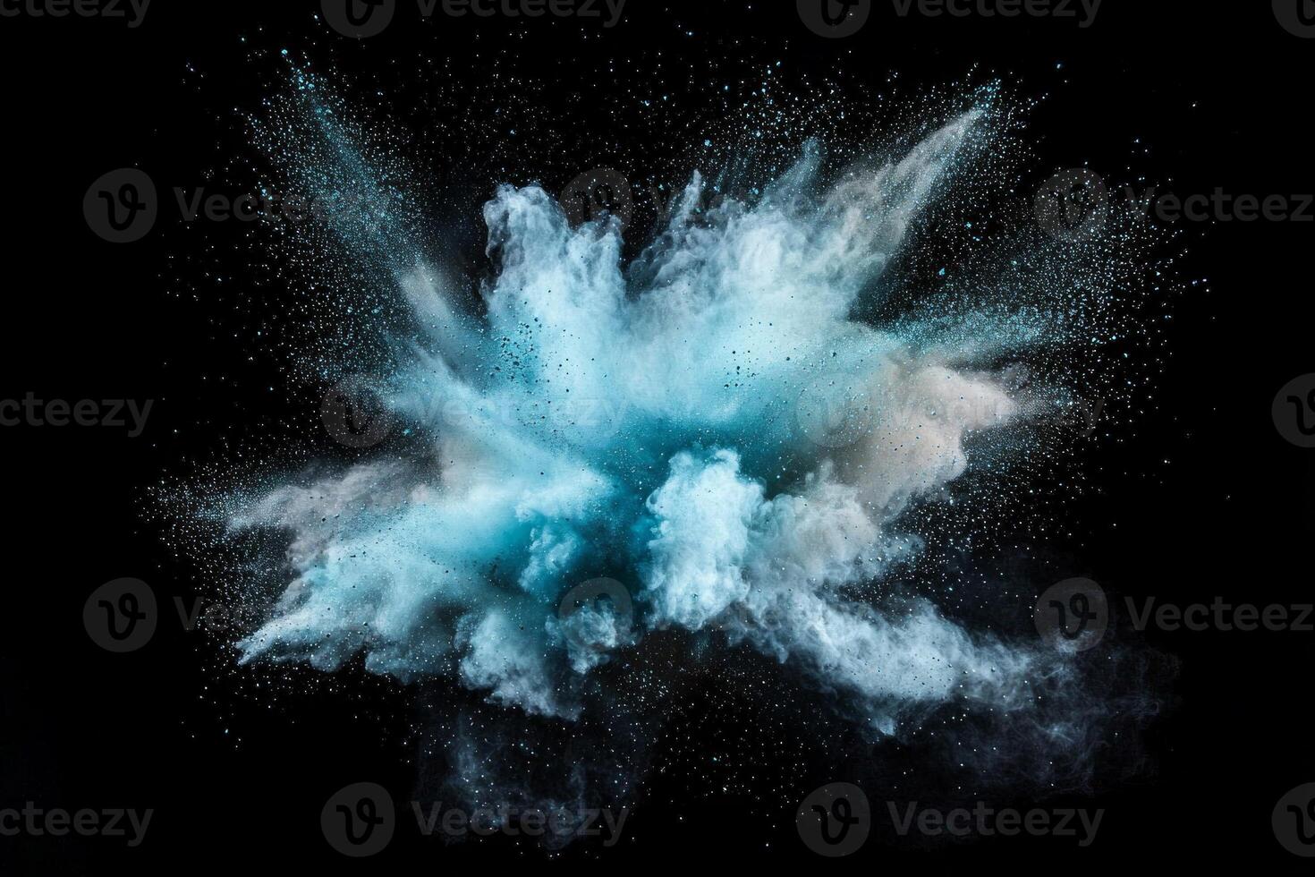 Turquoise particles burst energetically from the center, dispersing in all directions against a deep black background, evoking a sense of vibrancy and movement. photo
