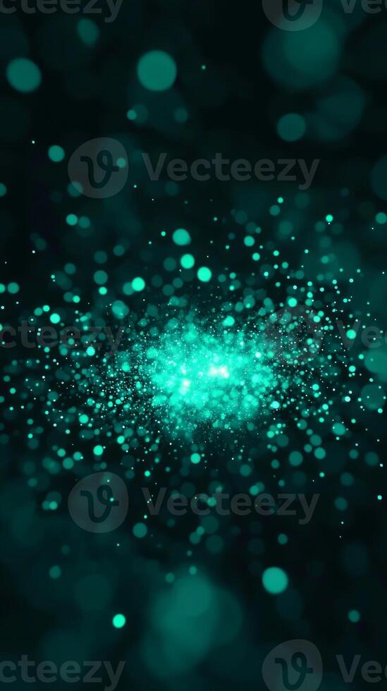 A radiant burst of turquoise particles creates a mesmerizing wave, scattering outward from a vibrant center, evoking a sense of cosmic explosion and energy. photo
