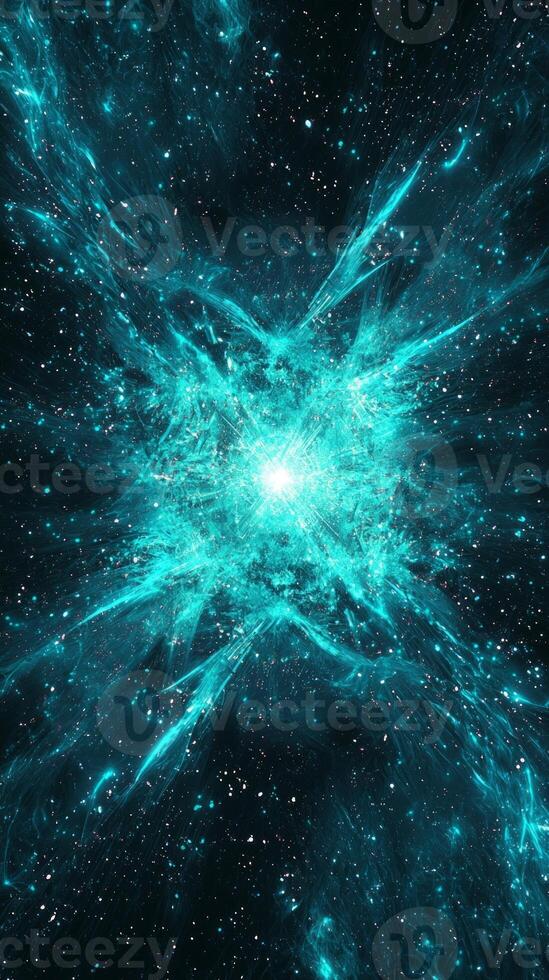 A breathtaking turquoise particle burst erupts at the center, sending waves of glowing particles scattering outward in a dynamic cosmic display of energy and light. photo