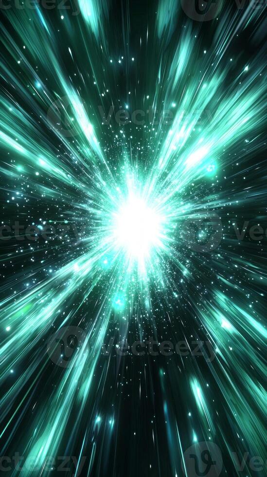 A mesmerizing turquoise burst emanates from a brilliant center, scattering glowing particles outward in a captivating display of cosmic energy and motion. photo