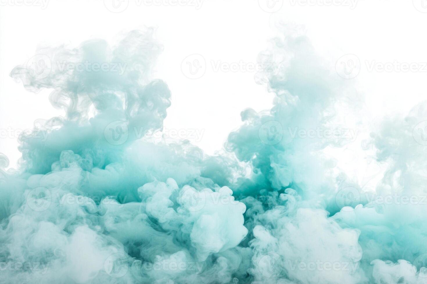 Thick turquoise smoke ascends gracefully against a bright white backdrop, showcasing soft edges and varying opacity for a strikingly surreal experience, evoking a sense of movement and whimsy. photo