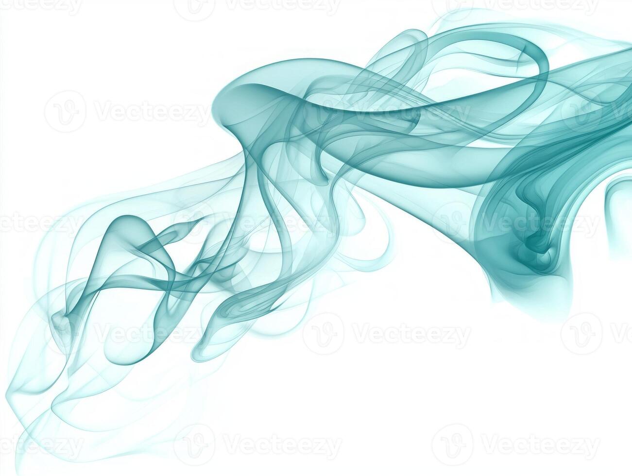 Swirling tendrils of turquoise smoke rise elegantly against a pure white background, creating an otherworldly atmosphere filled with intricate shapes and soft gradients. photo
