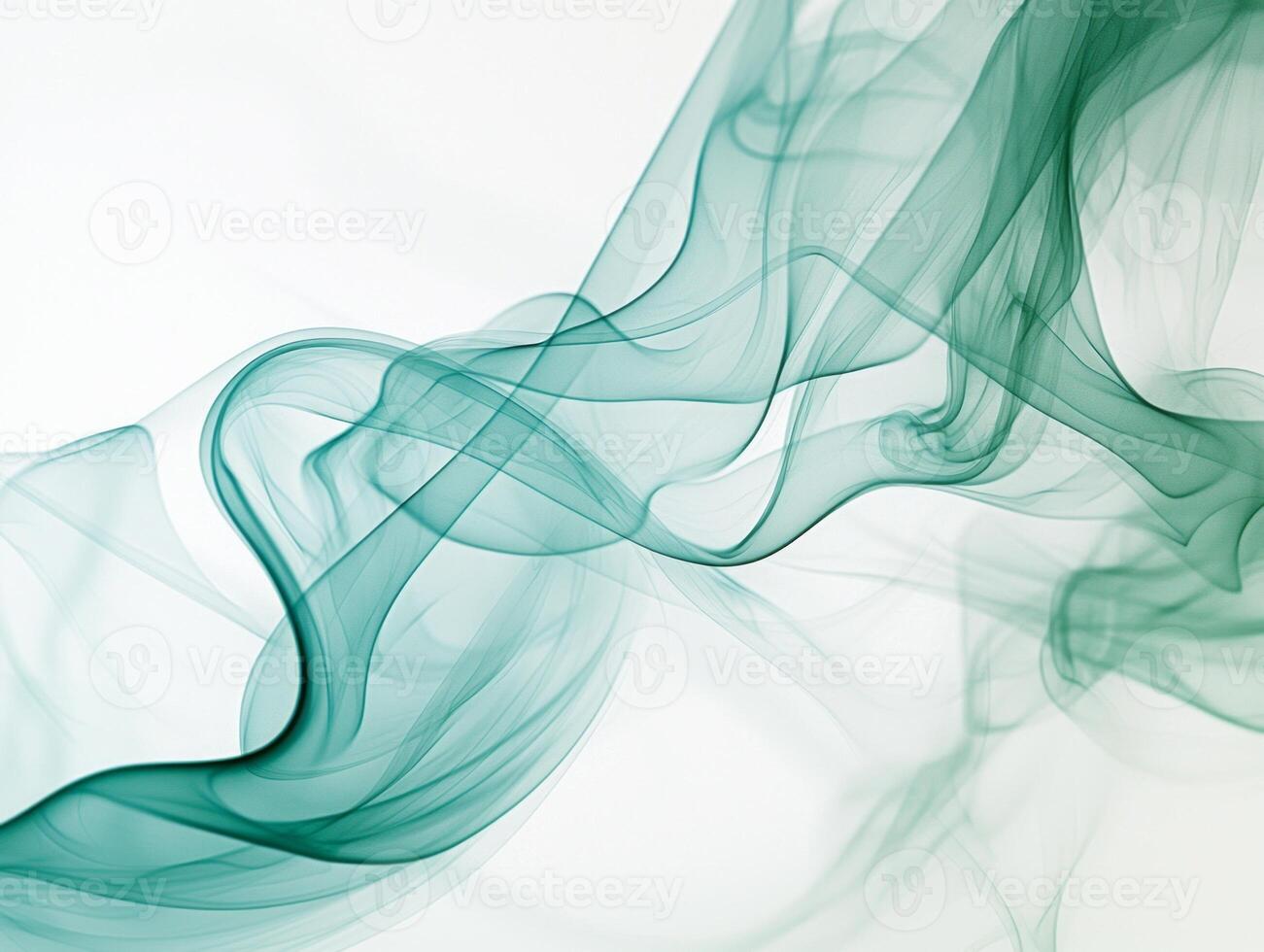 Turquoise smoke dances and twists in elegant tendrils, merging lighter shades in a captivating display against a crisp white backdrop, evoking a sense of tranquility and beauty. photo