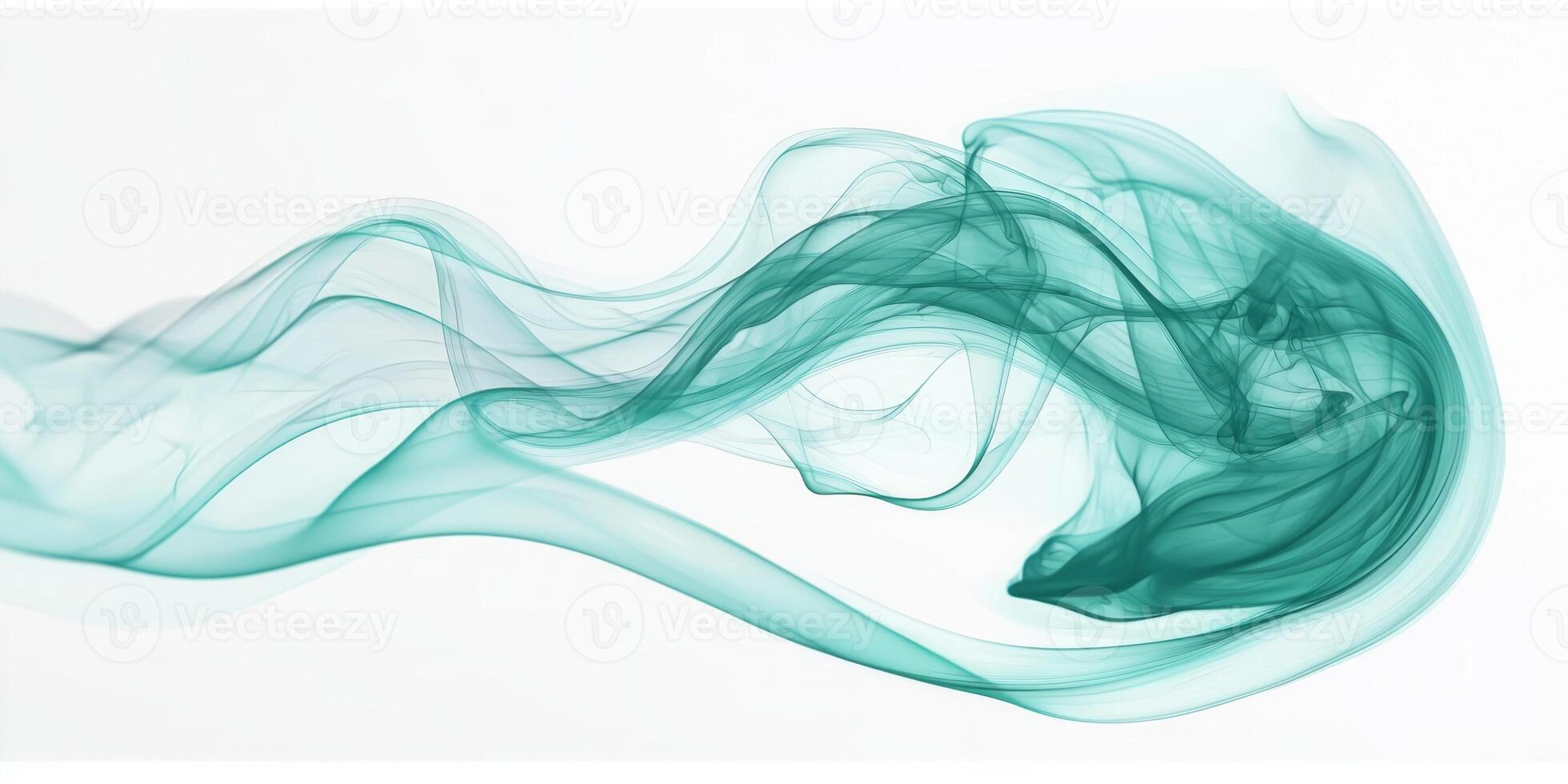 A captivating turquoise smoke swirl gracefully rises in vibrant tones against a clean white background, offering a dynamic and stunning visual experience. photo