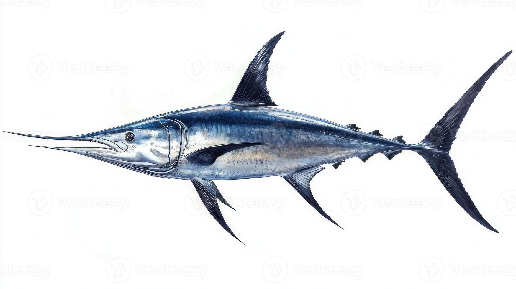 Swordfish is displayed in detail highlighting its elongated bill streamlined body and striking coloration emphasizing its role in marine ecosystems. photo
