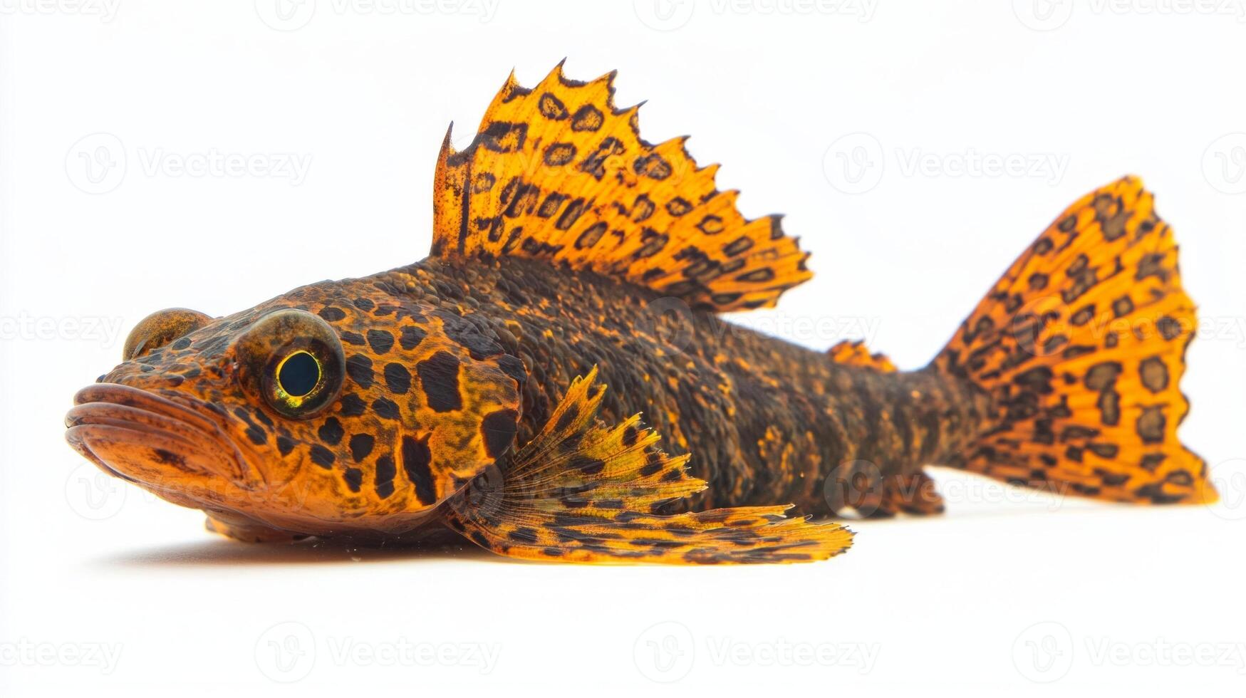 This Clown Pleco displays its striking orange and black markings revealing the beauty of this freshwater fish known for its algae eating behavior and playful nature. photo