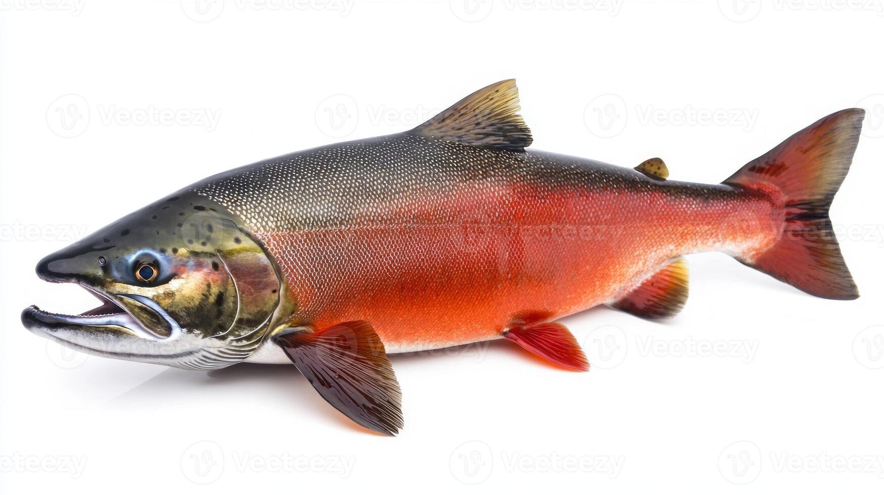 Coho Salmon exhibits its distinctive features and striking coloration against a white backdrop highlighting its importance in aquaculture and local ecosystems. photo