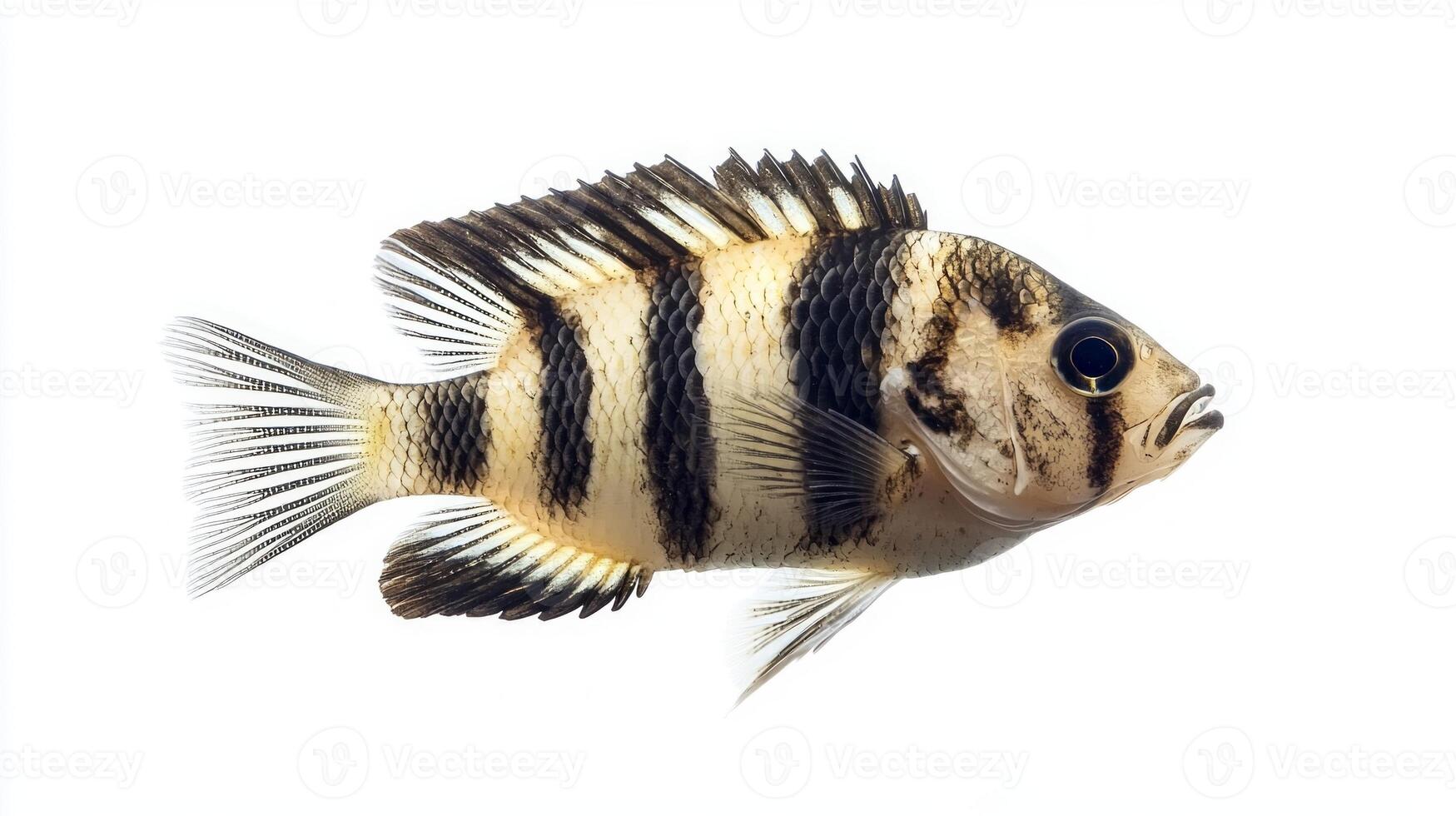 freshwater fish is a Convict Cichlid well known for its bold black stripes against a lighter body. Captured in isolation it exhibits its unique aquatic characteristics. photo