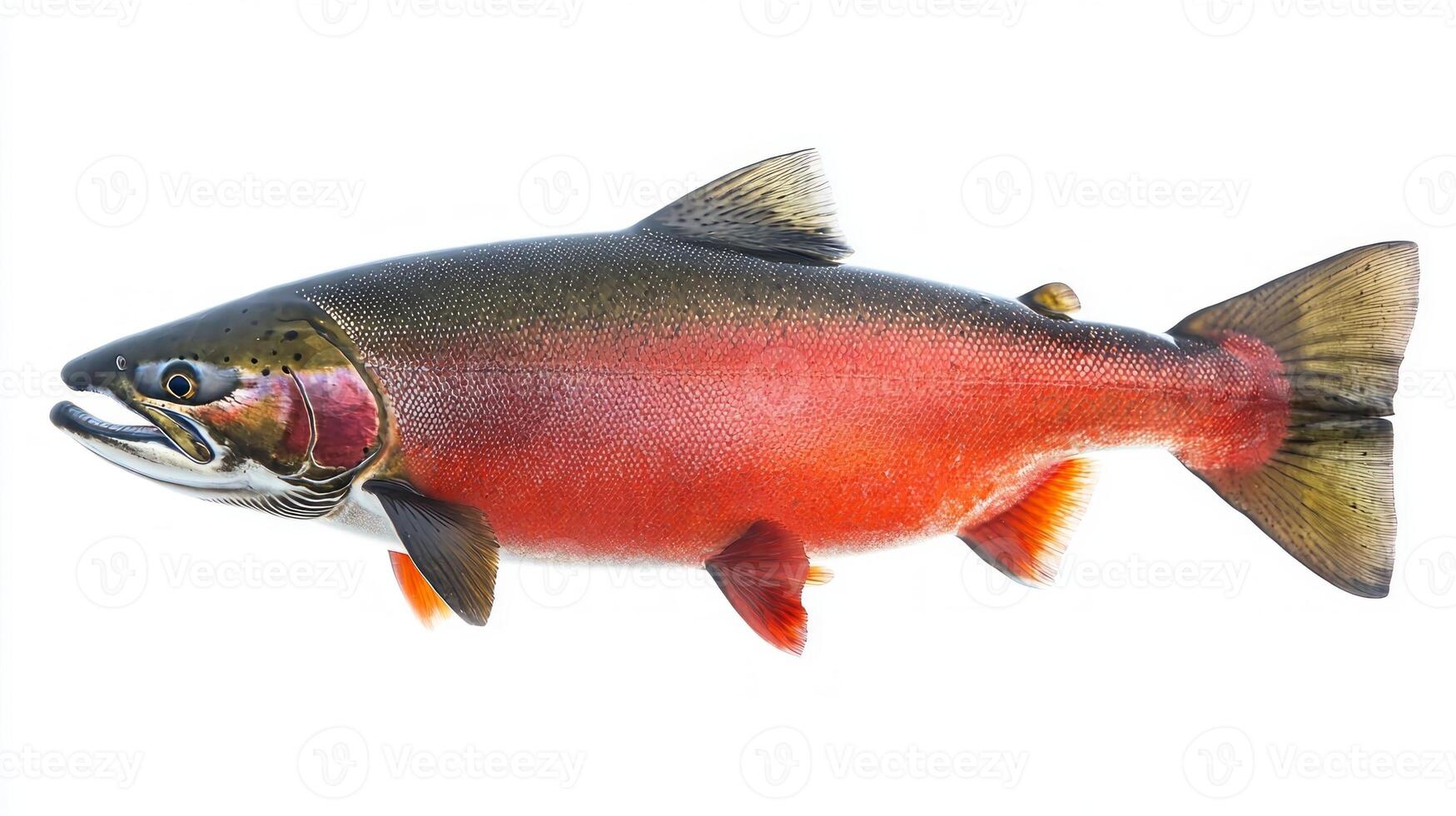 Coho Salmon displays its striking colors and distinctive physical characteristics illustrating the beauty and complexity of this fish breed in a clear and isolated setting. photo