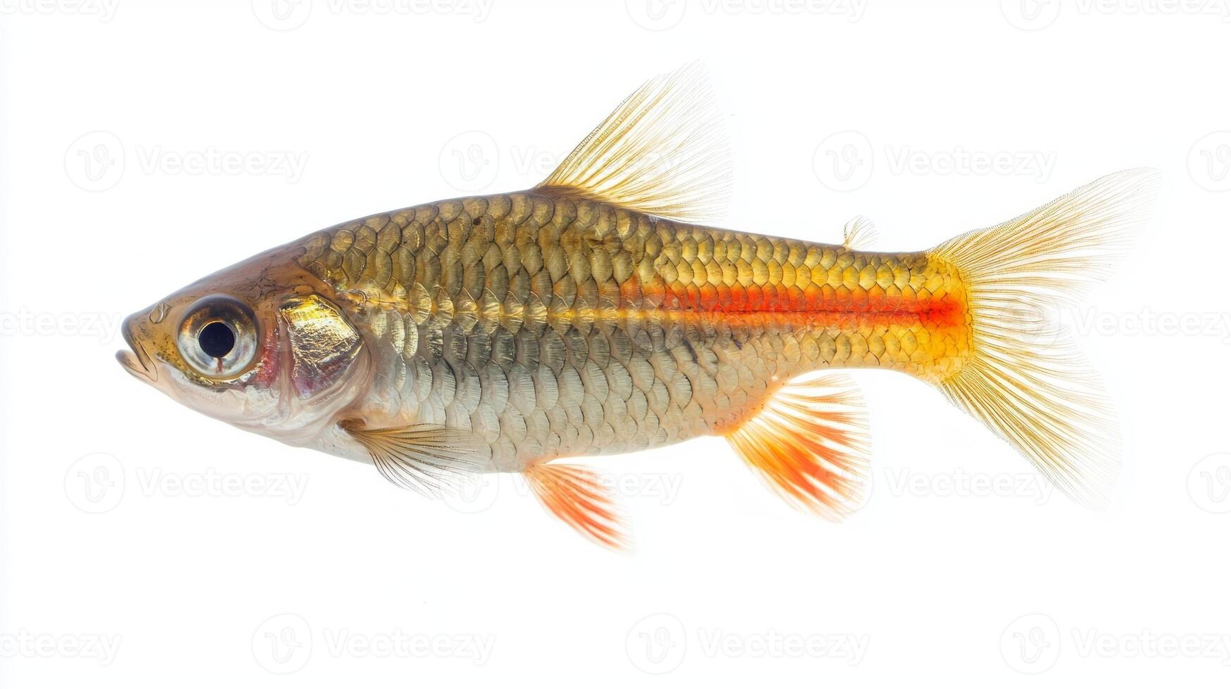 Denison Barb is depicted with striking coloration and distinct markings showcasing its body and fins isolated on a white background highlighting its beauty. photo