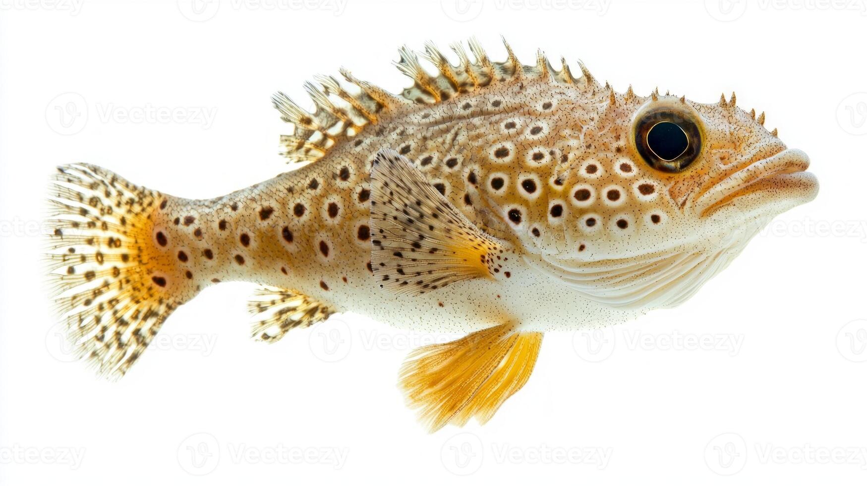 close up reveals a porcupinefish with distinctive patterns and spines beautifully isolated against a white backdrop highlighting its unique anatomy. photo