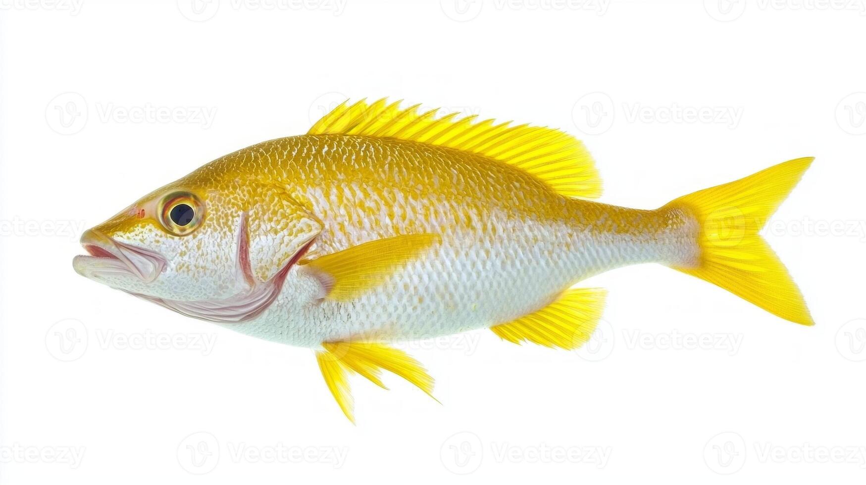 Yellowtail Snapper displays its striking yellow and silver hues highlighting its unique features. The fish appears isolated emphasizing its distinct shape and coloration. photo