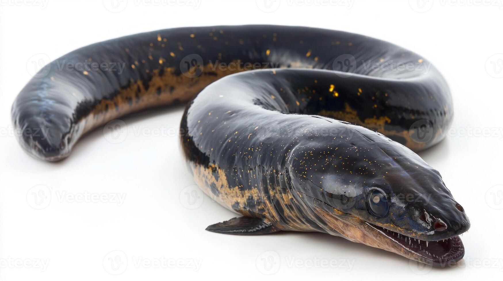 electric eel Electrophorus electricus is presented against a white backdrop showcasing its elongated body and unique coloration. This species is known for its electric shock capabilities. photo